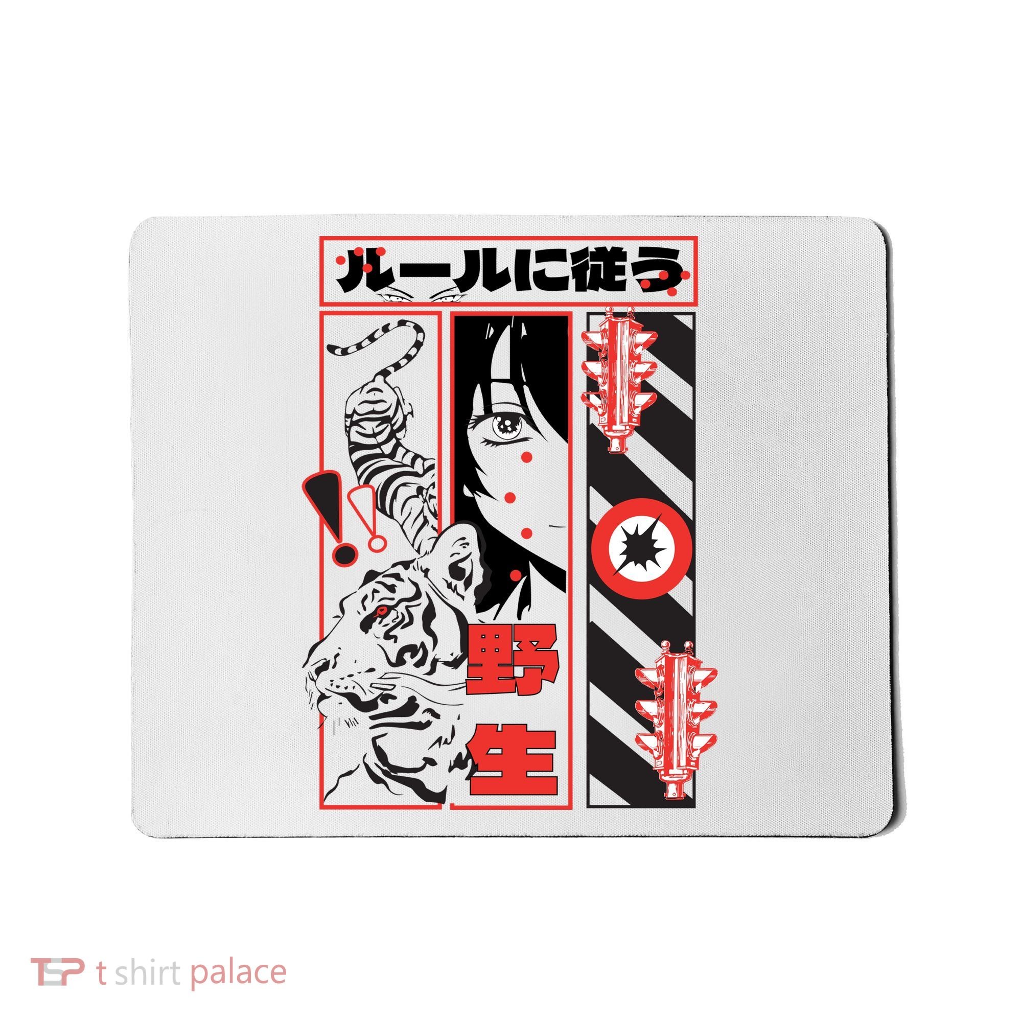 Wild, Follow The Rules Japanese Text With Tiger And Anime Girl Mousepad