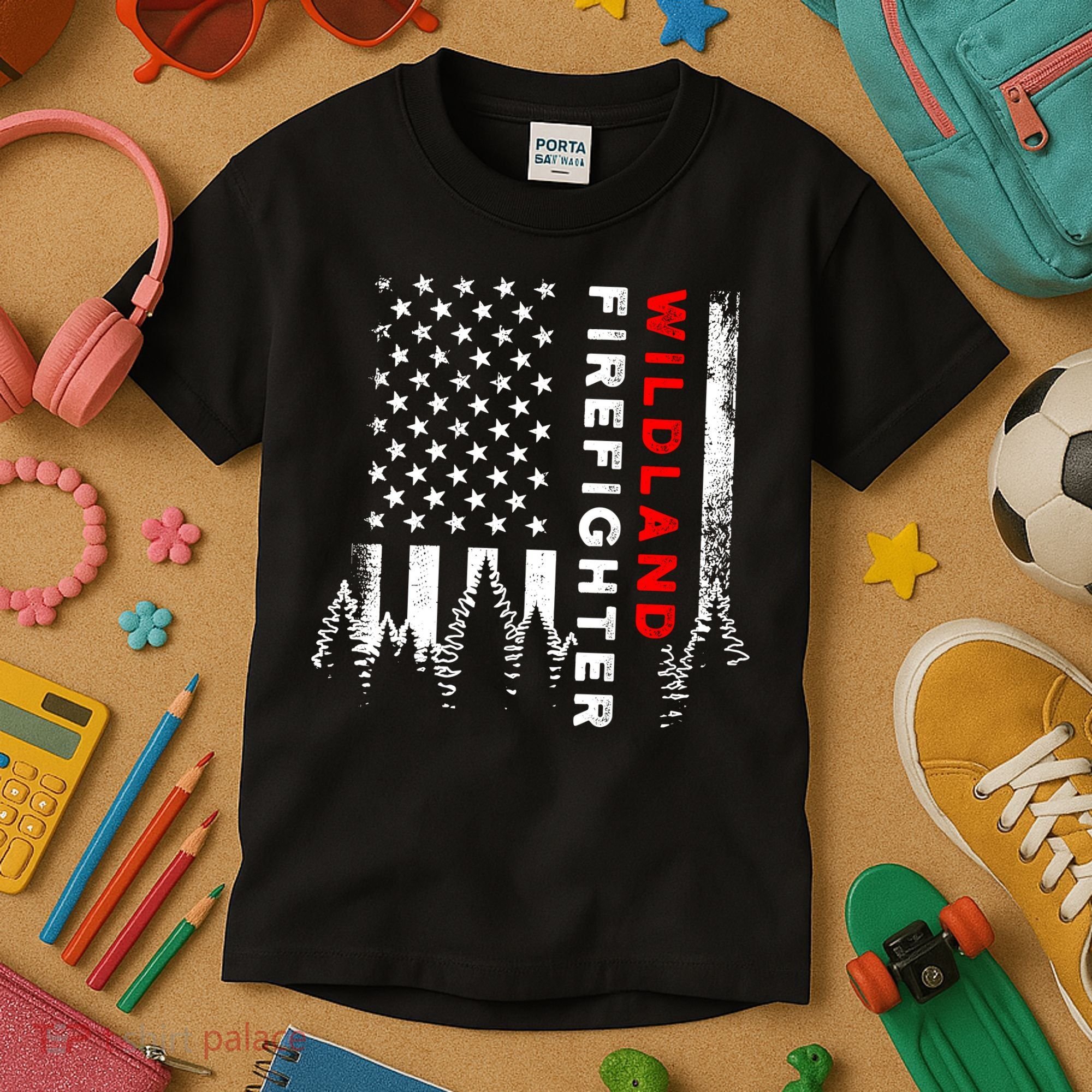 Wildland Firefighter Us Flag Fire Kids T-Shirt