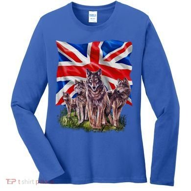 Wolf Family With Union Jack Flag Gift Women's Long Sleeve Shirt