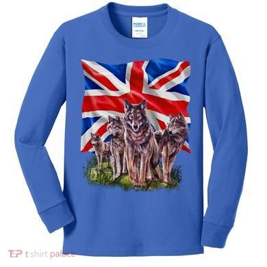 Wolf Family With Union Jack Flag Gift Kids Long Sleeve Shirt
