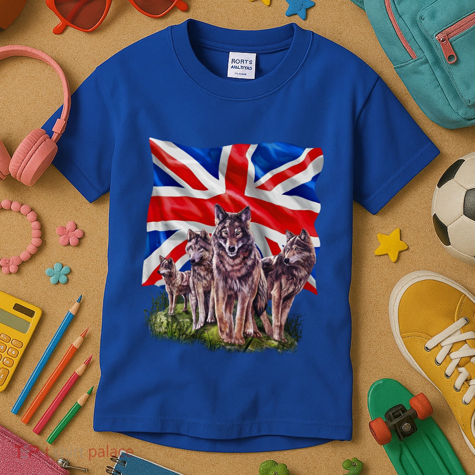 Wolf Family With Union Jack Flag Gift Kids T-Shirt