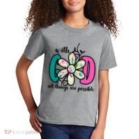 With God All Things Are Possible Floral Faith Kids T-Shirt thumb 2