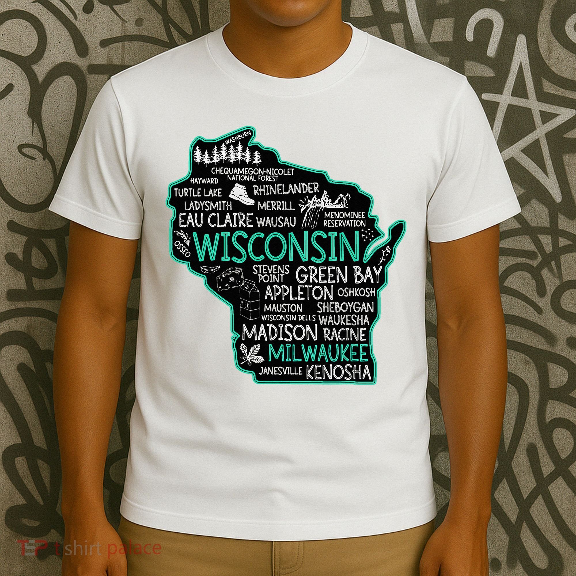 Wisconsin Green Bay Osseo Kenosha Racine Milwaukee Map T-Shirt