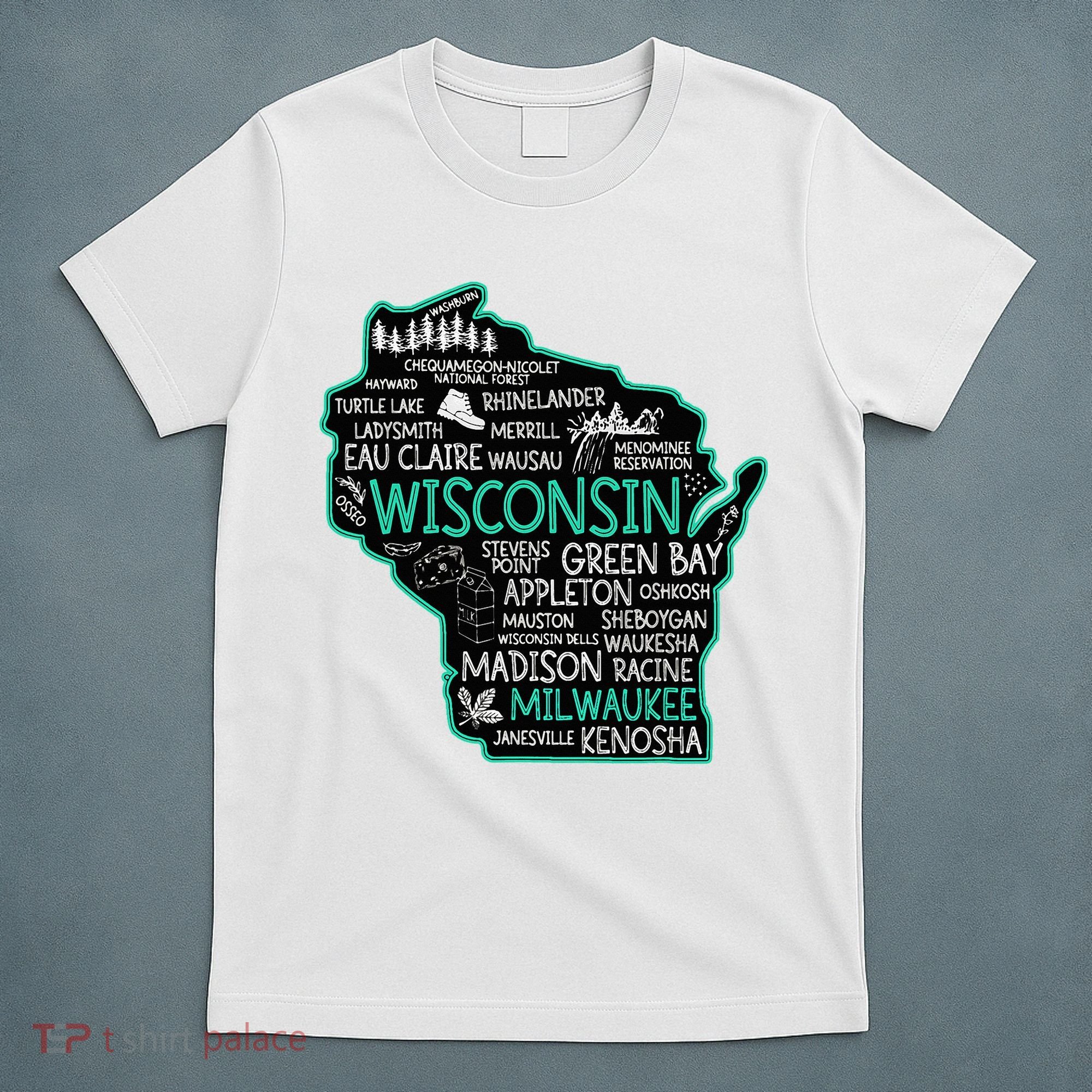 Wisconsin Green Bay Osseo Kenosha Racine Milwaukee Map T-Shirt
