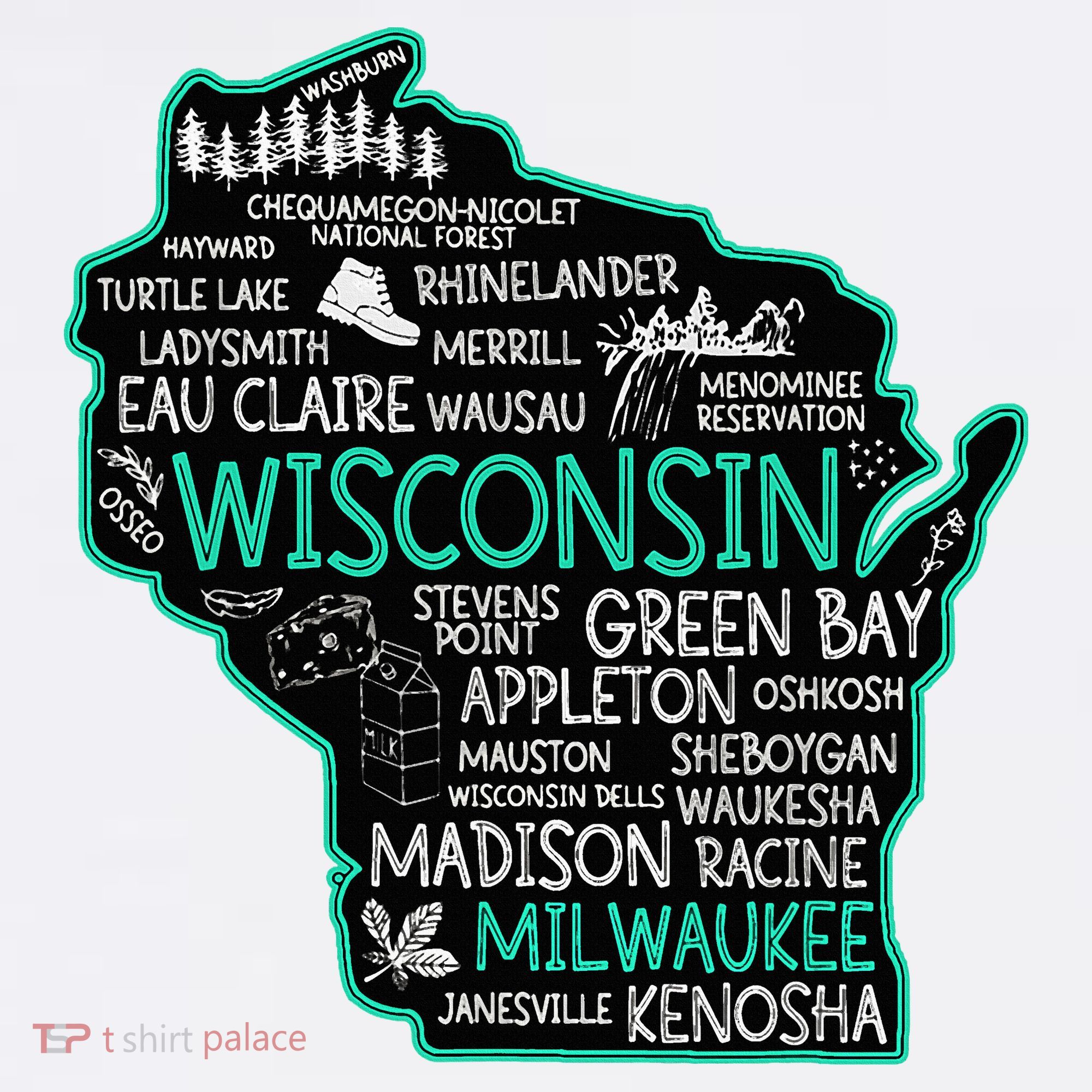 Wisconsin Green Bay Osseo Kenosha Racine Milwaukee Map T-Shirt