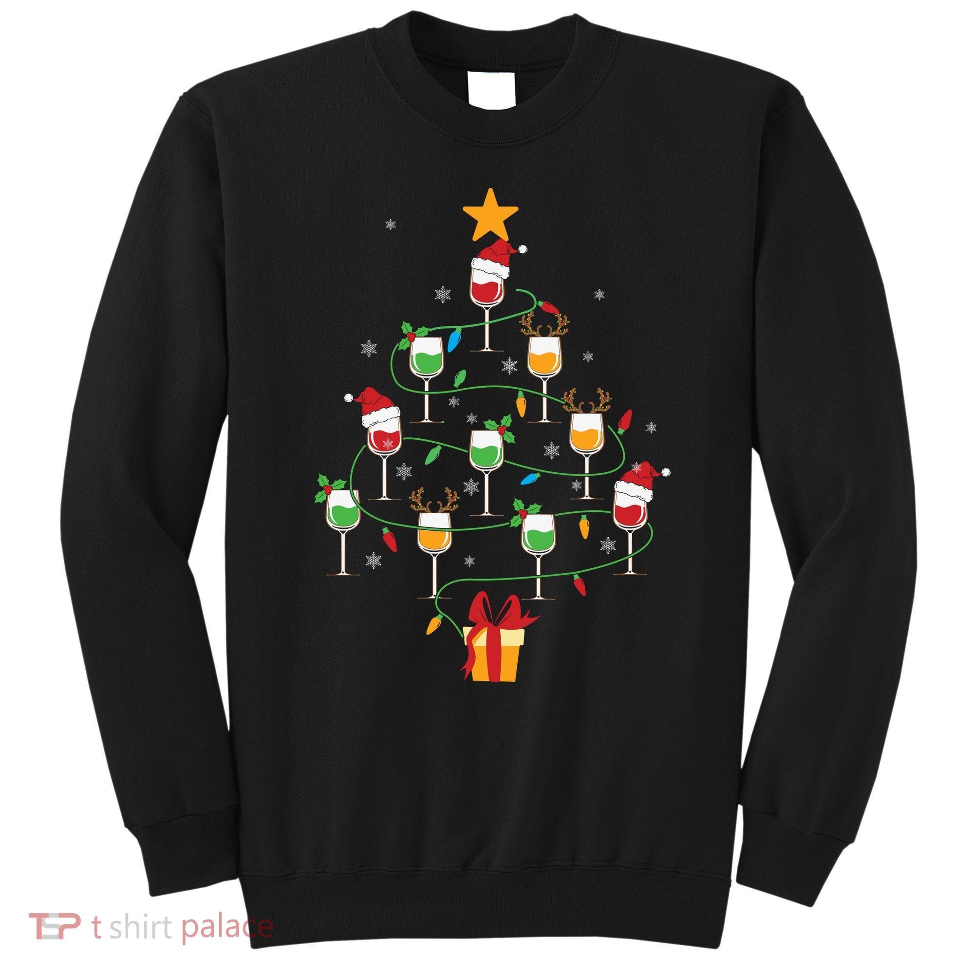 Wine Glasses Christmas Tree Santa Hat Funny Xmas Light Sweatshirt