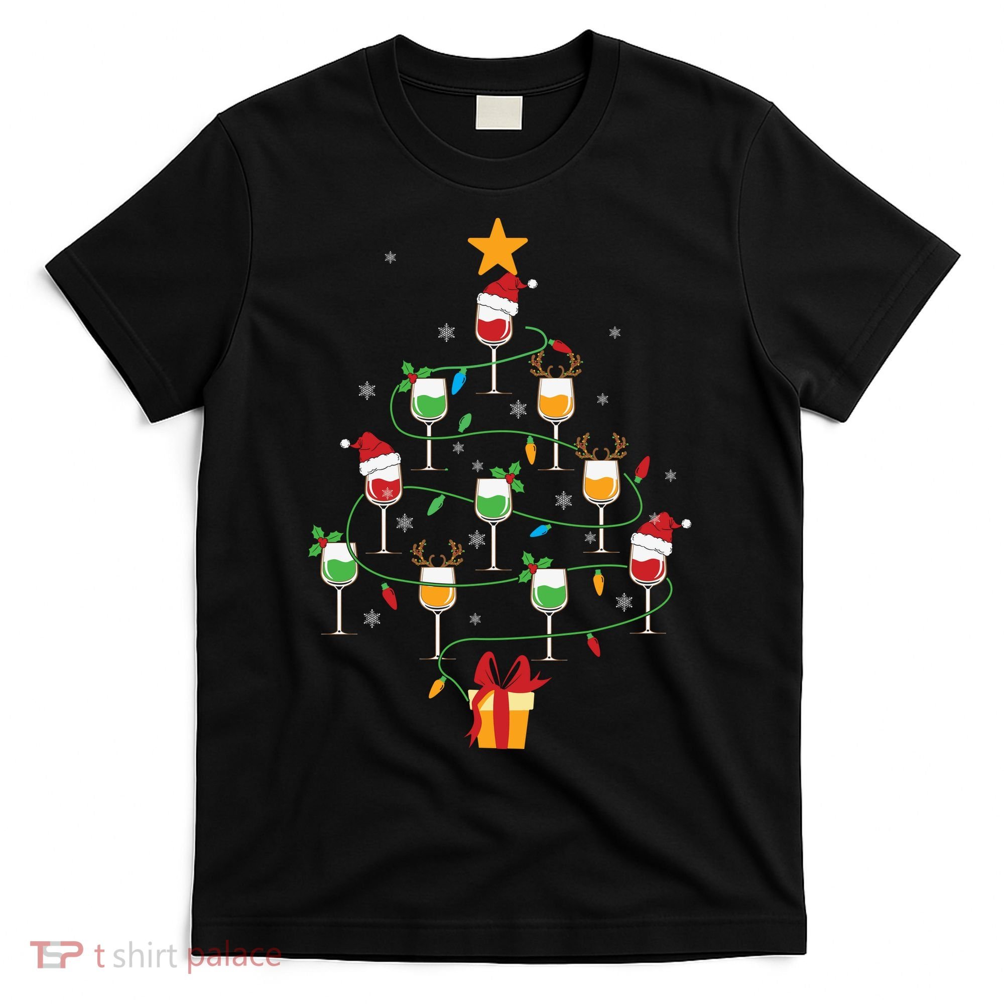 Wine Glasses Christmas Tree Santa Hat Funny Xmas Light T-Shirt