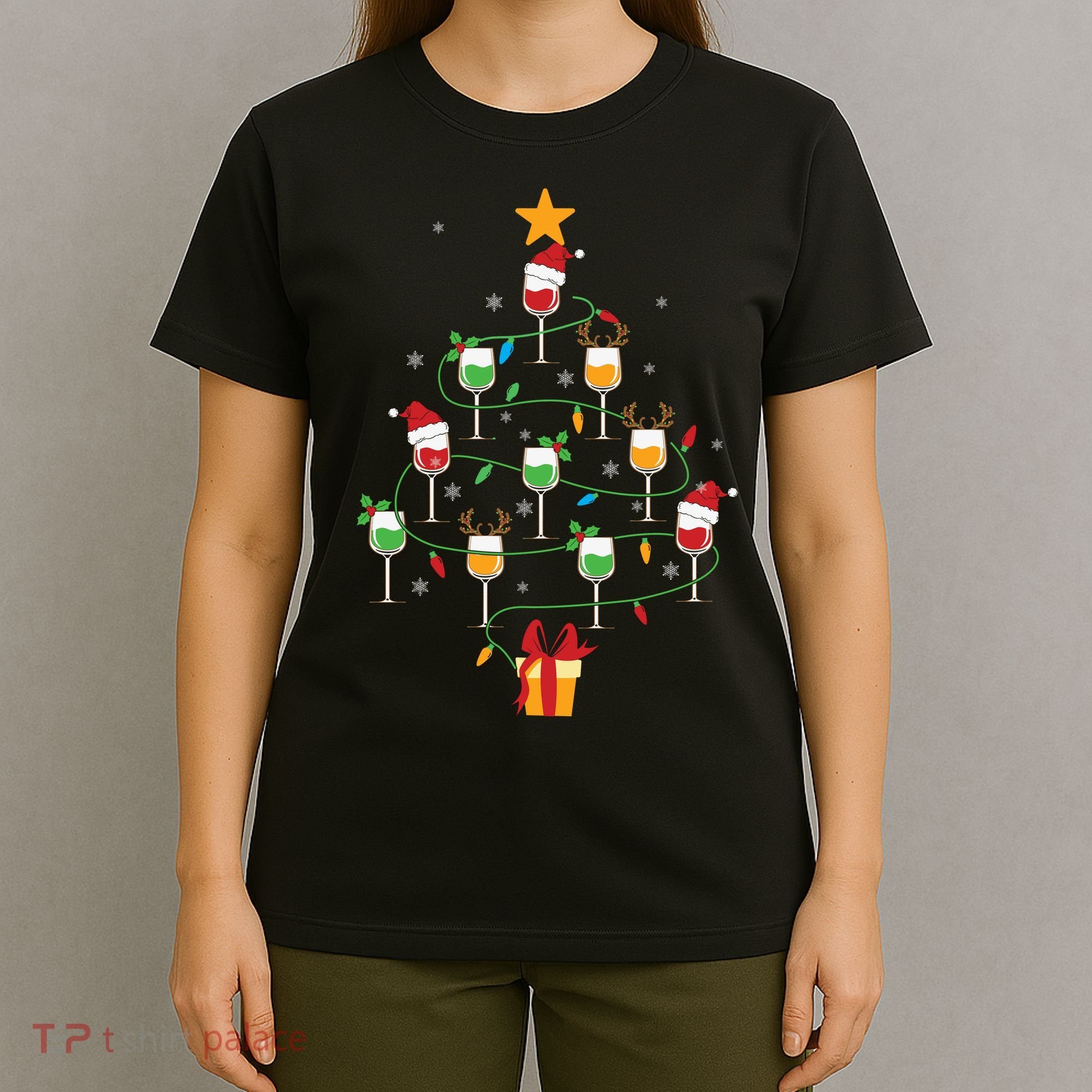 Wine Glasses Christmas Tree Santa Hat Funny Xmas Light T-Shirt