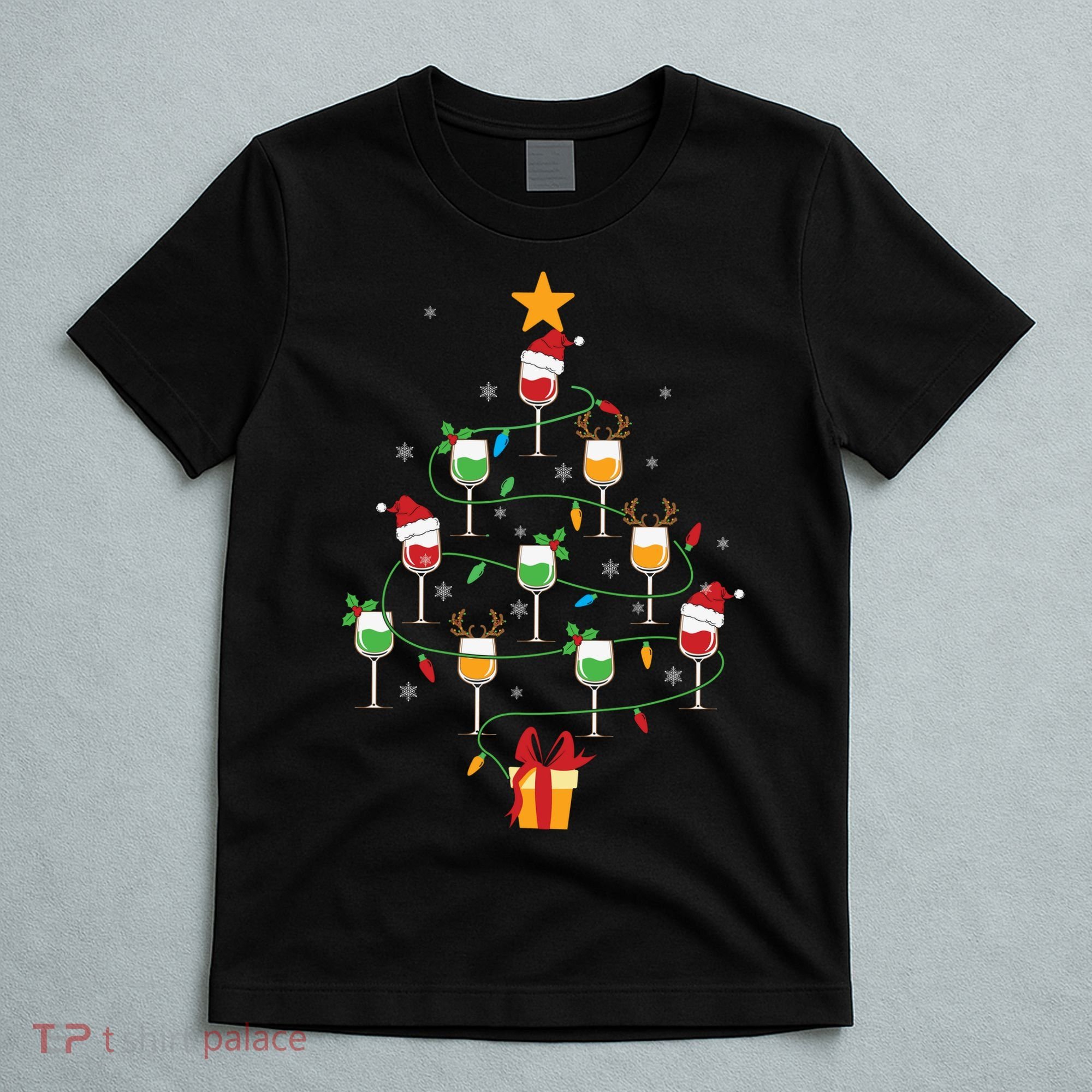 Wine Glasses Christmas Tree Santa Hat Funny Xmas Light T-Shirt