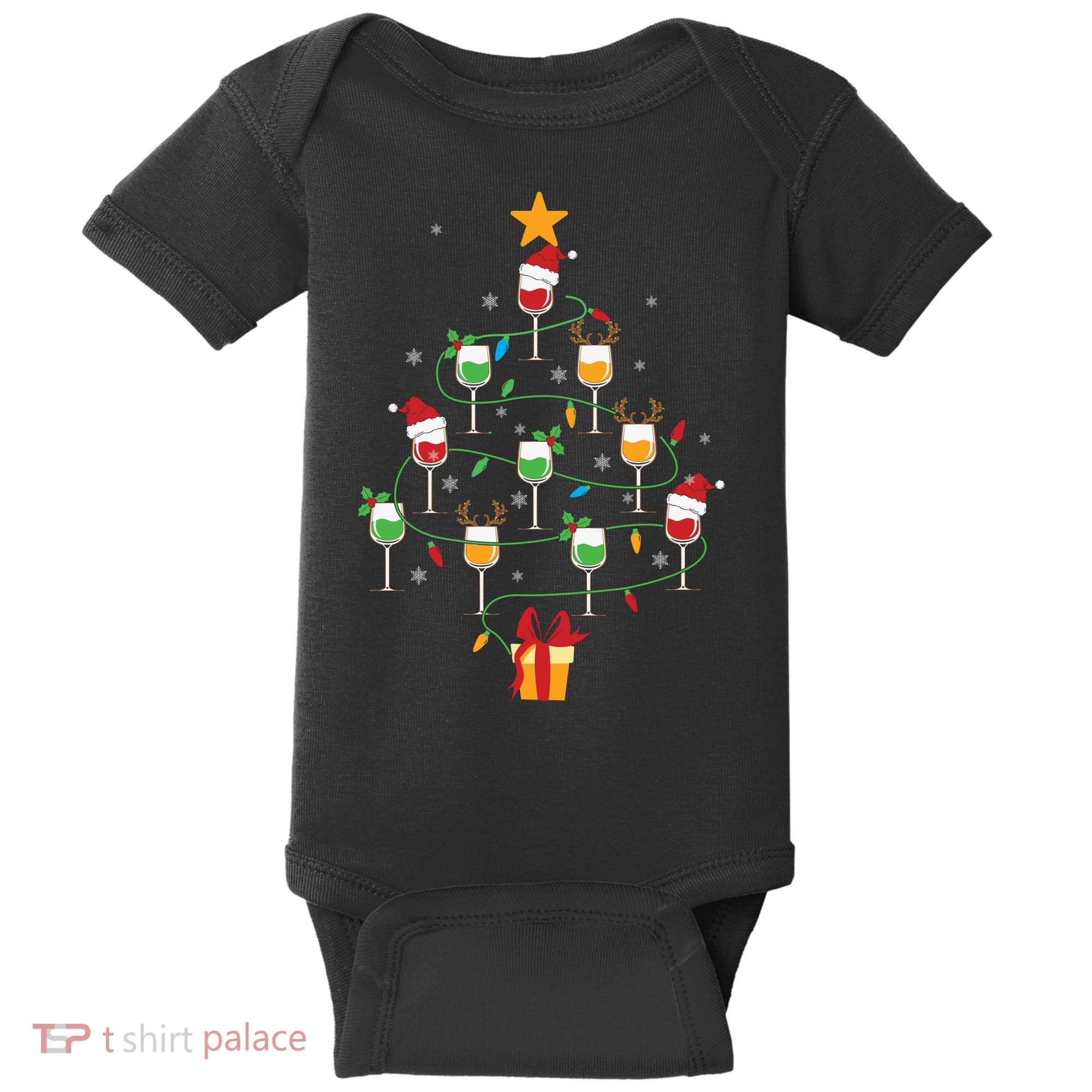 Wine Glasses Christmas Tree Santa Hat Funny Xmas Light Baby Bodysuit