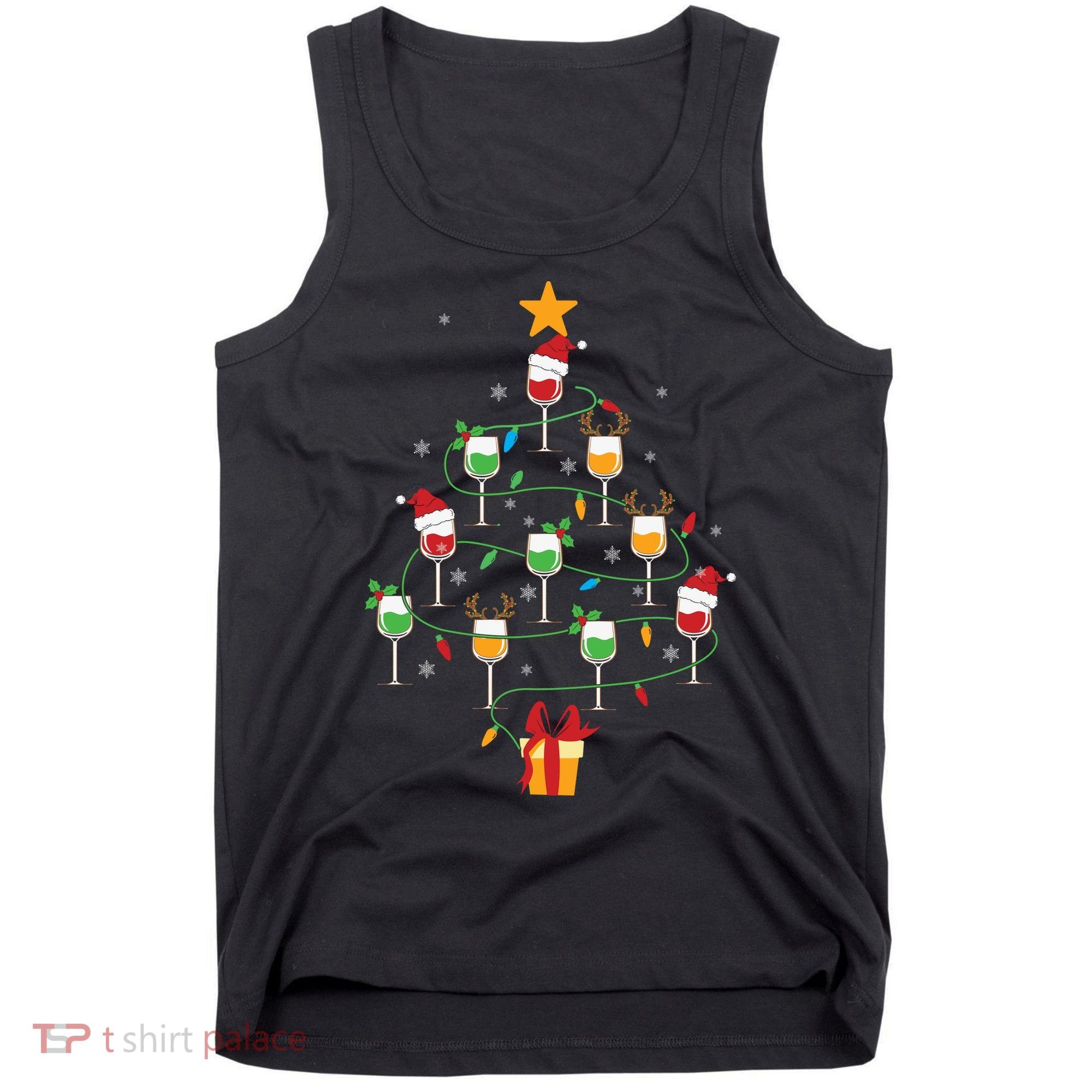 Wine Glasses Christmas Tree Santa Hat Funny Xmas Light Tank Top