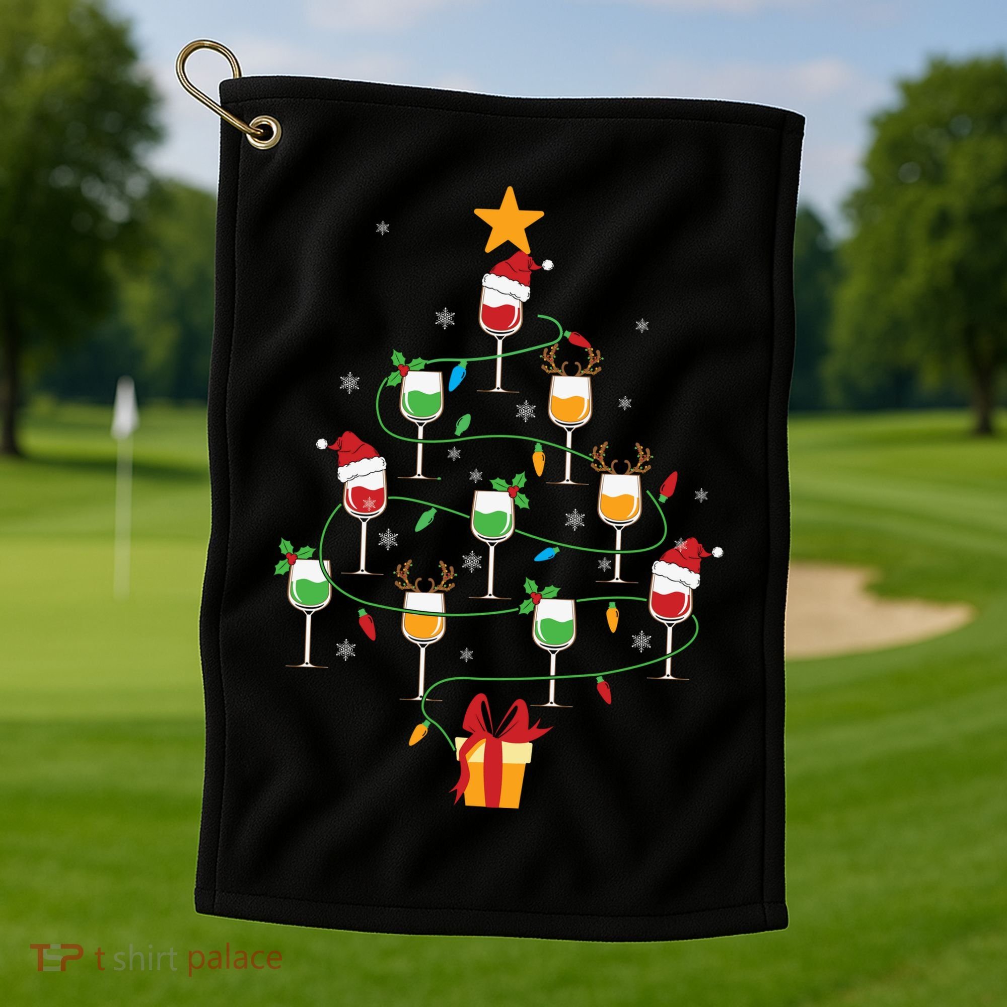 Wine Glasses Christmas Tree Santa Hat Funny Xmas Light Golf Towel