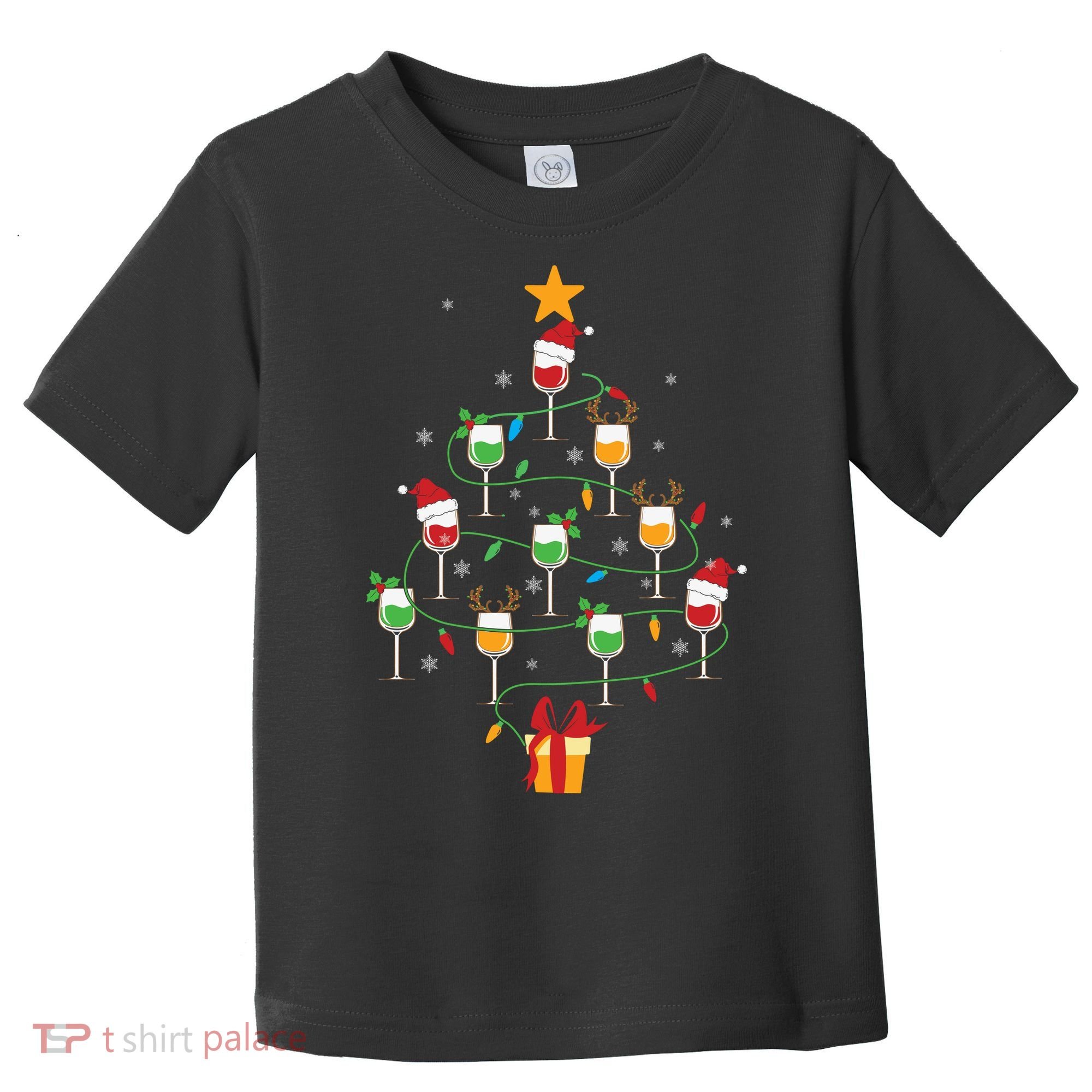 Wine Glasses Christmas Tree Santa Hat Funny Xmas Light Toddler T-Shirt