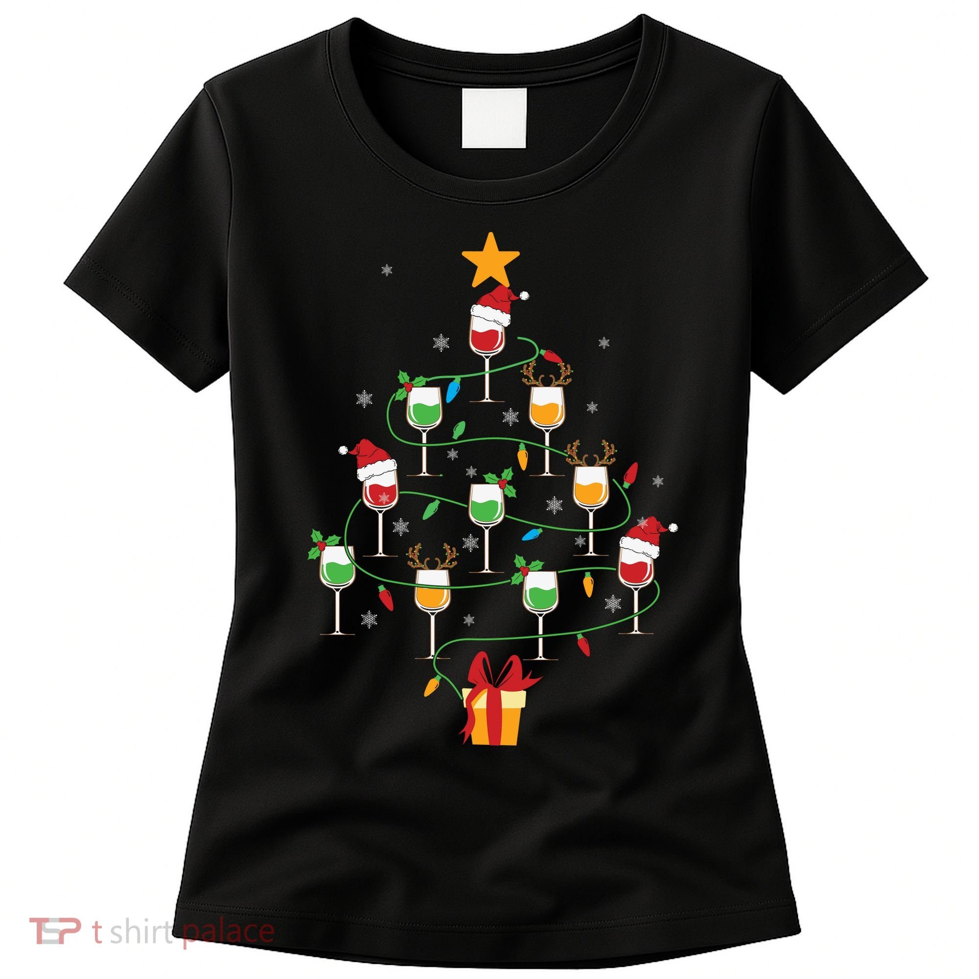 Wine Glasses Christmas Tree Santa Hat Funny Xmas Light Women's T-Shirt
