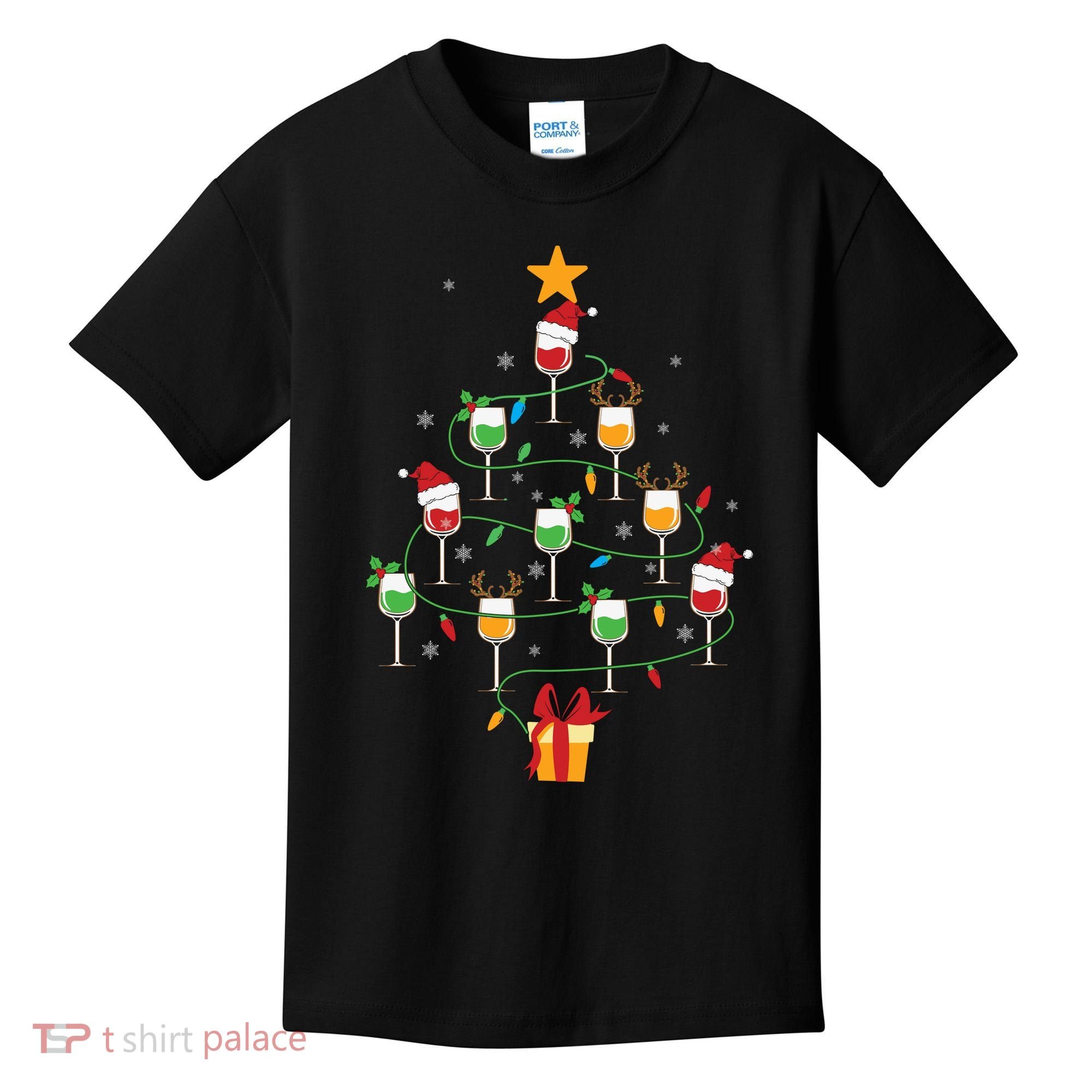 Wine Glasses Christmas Tree Santa Hat Funny Xmas Light Kids T-Shirt