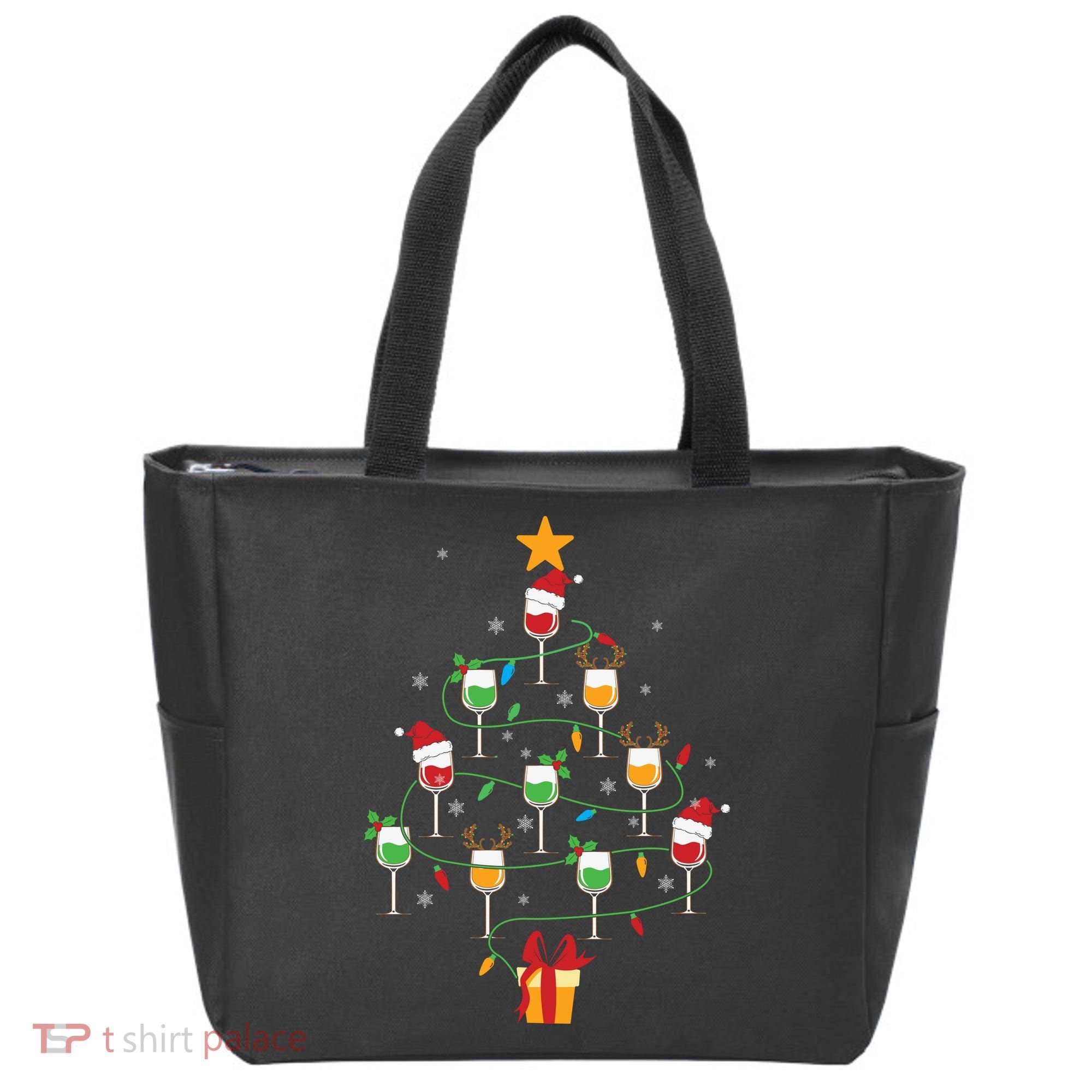 Wine Glasses Christmas Tree Santa Hat Funny Xmas Light Tote Bag