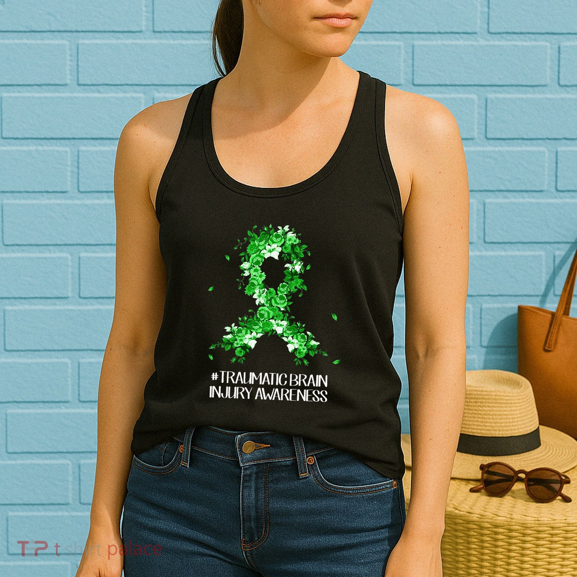 Wear Green Flower Ribbon Traumatic Brain Injury Awareness Women's Tank Top