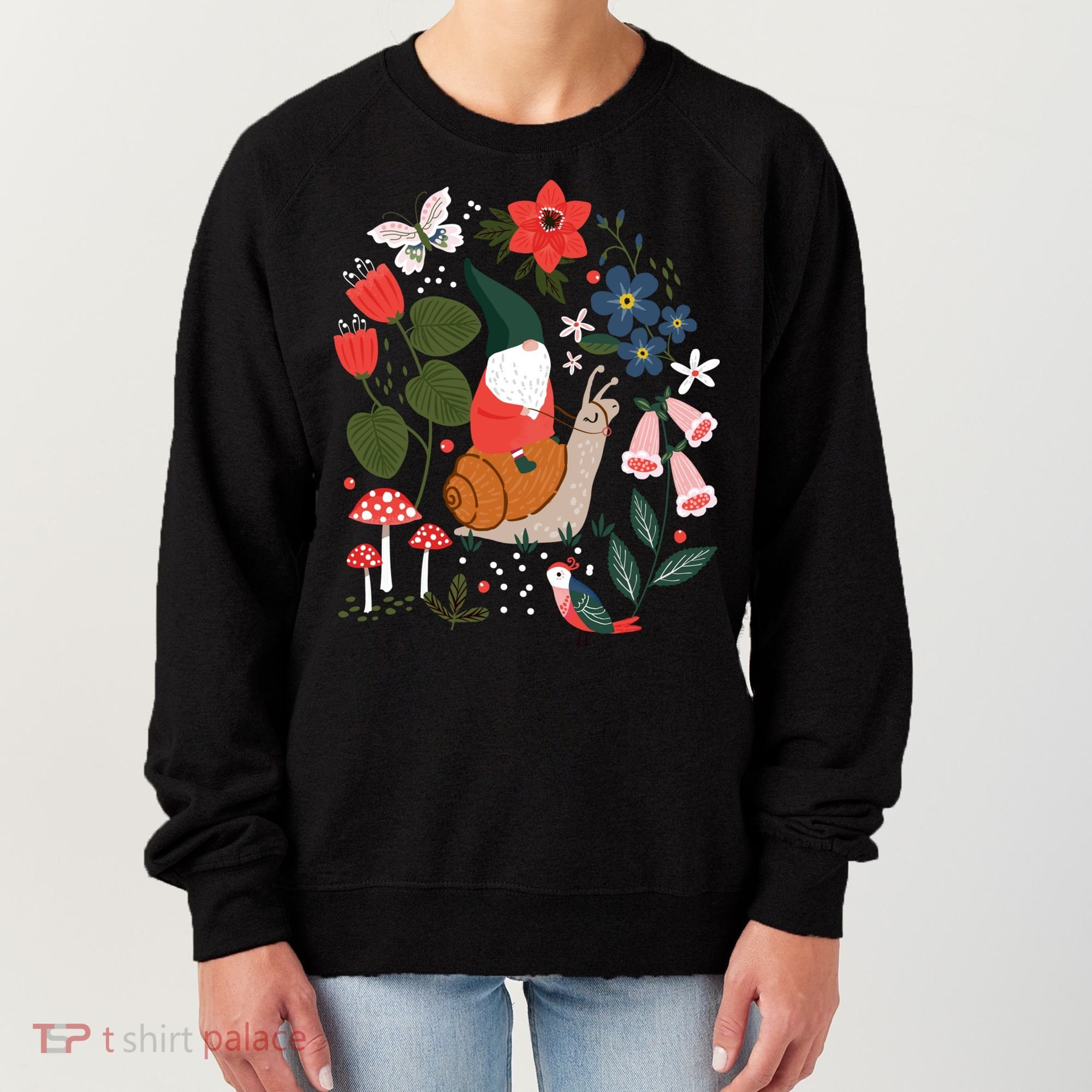 Whimsical Garden Gnome Riding Snail Women's Sweatshirt