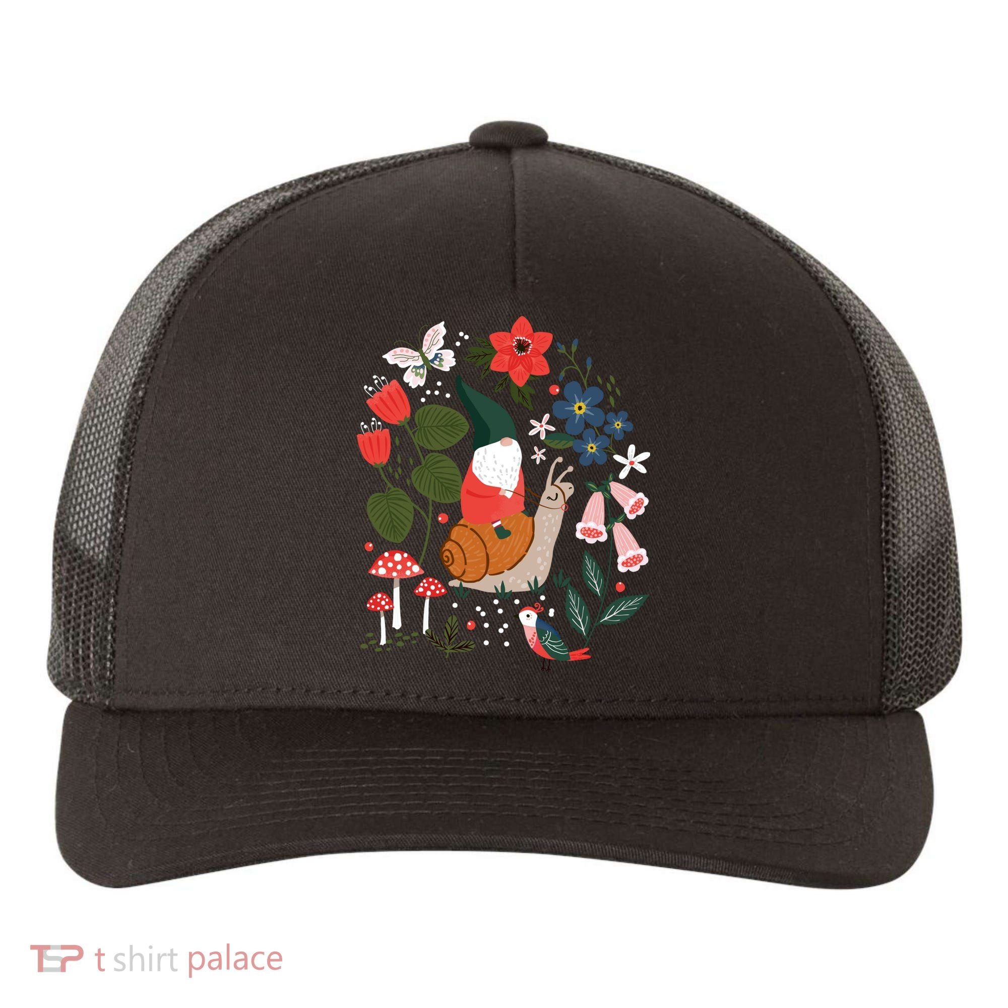 Whimsical Garden Gnome Riding Snail Yupoong Adult 5-Panel Trucker Hat