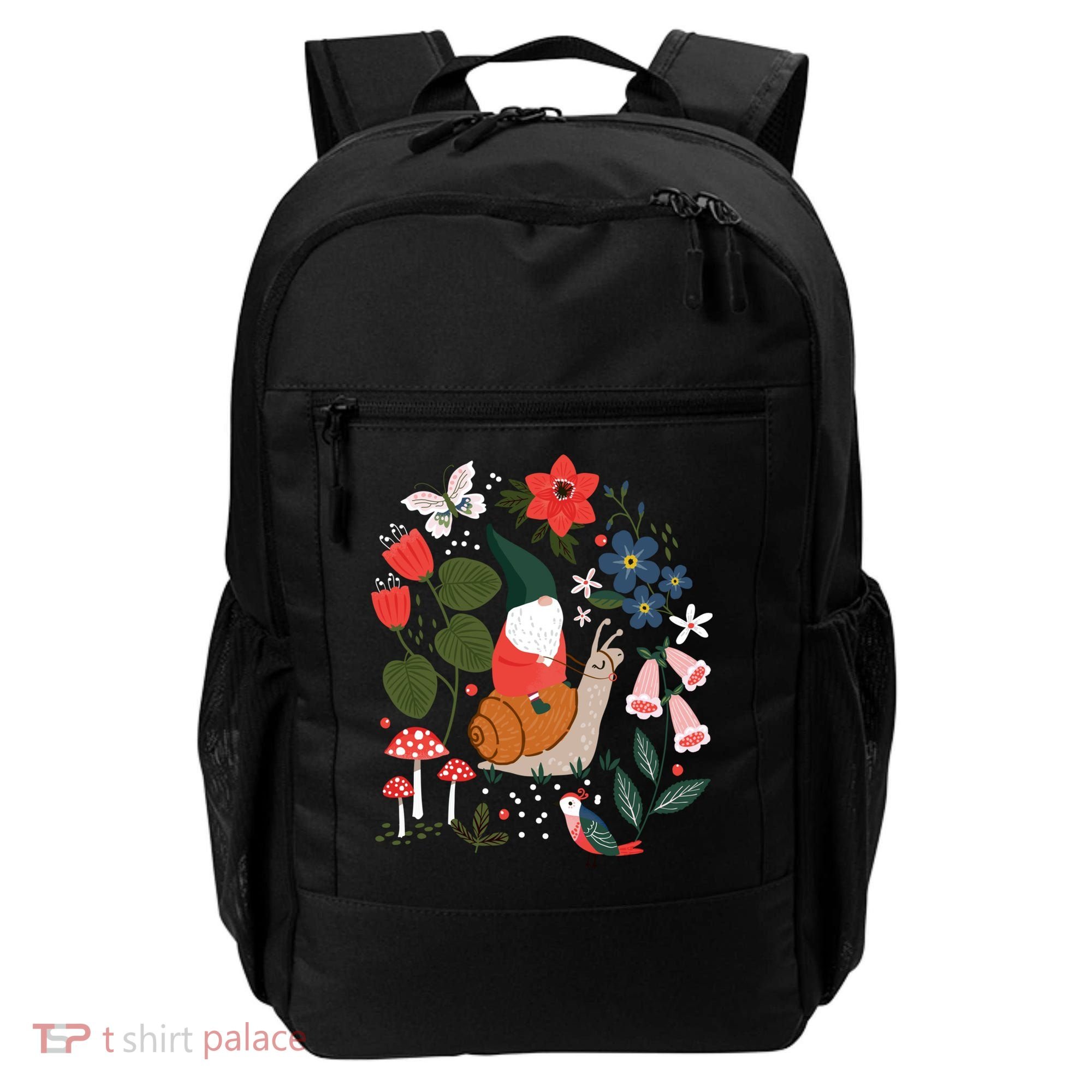 Whimsical Garden Gnome Riding Snail Backpack