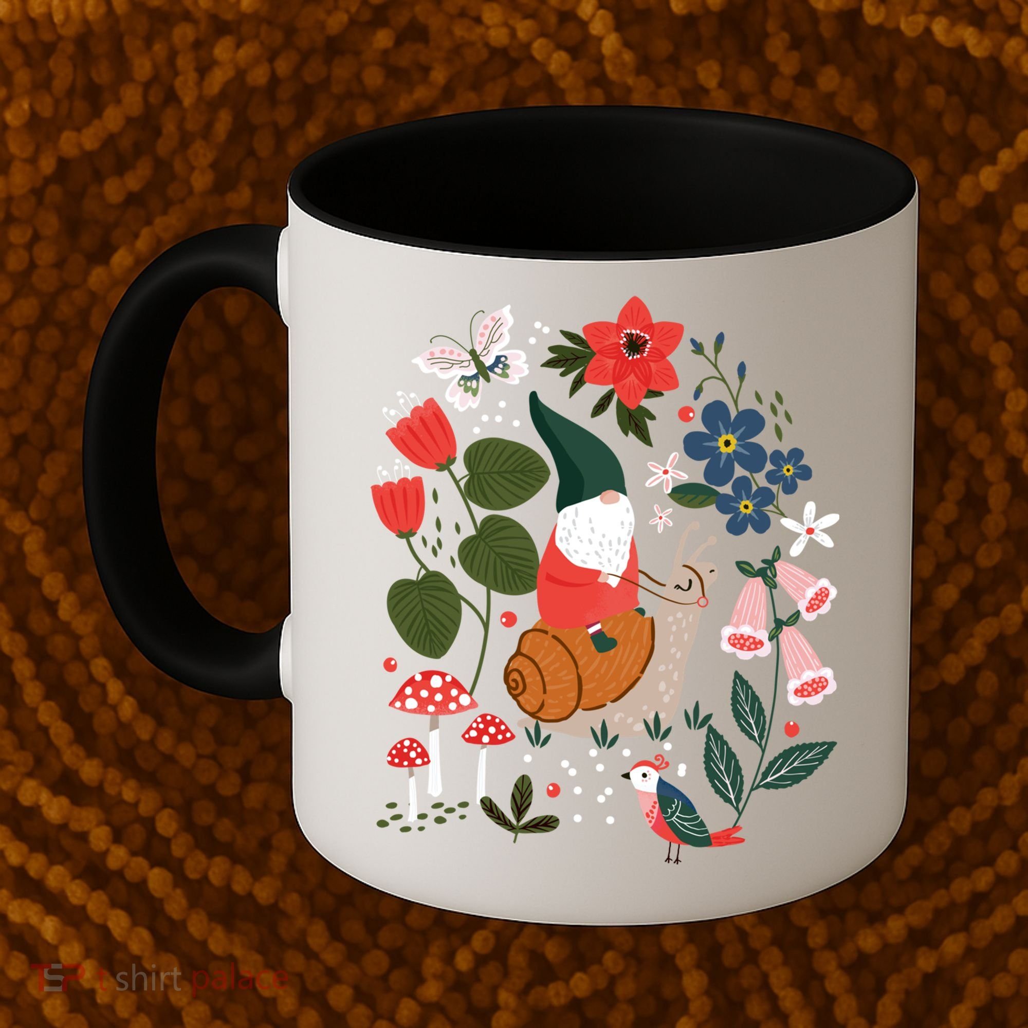 Whimsical Garden Gnome Riding Snail Coffee Mug