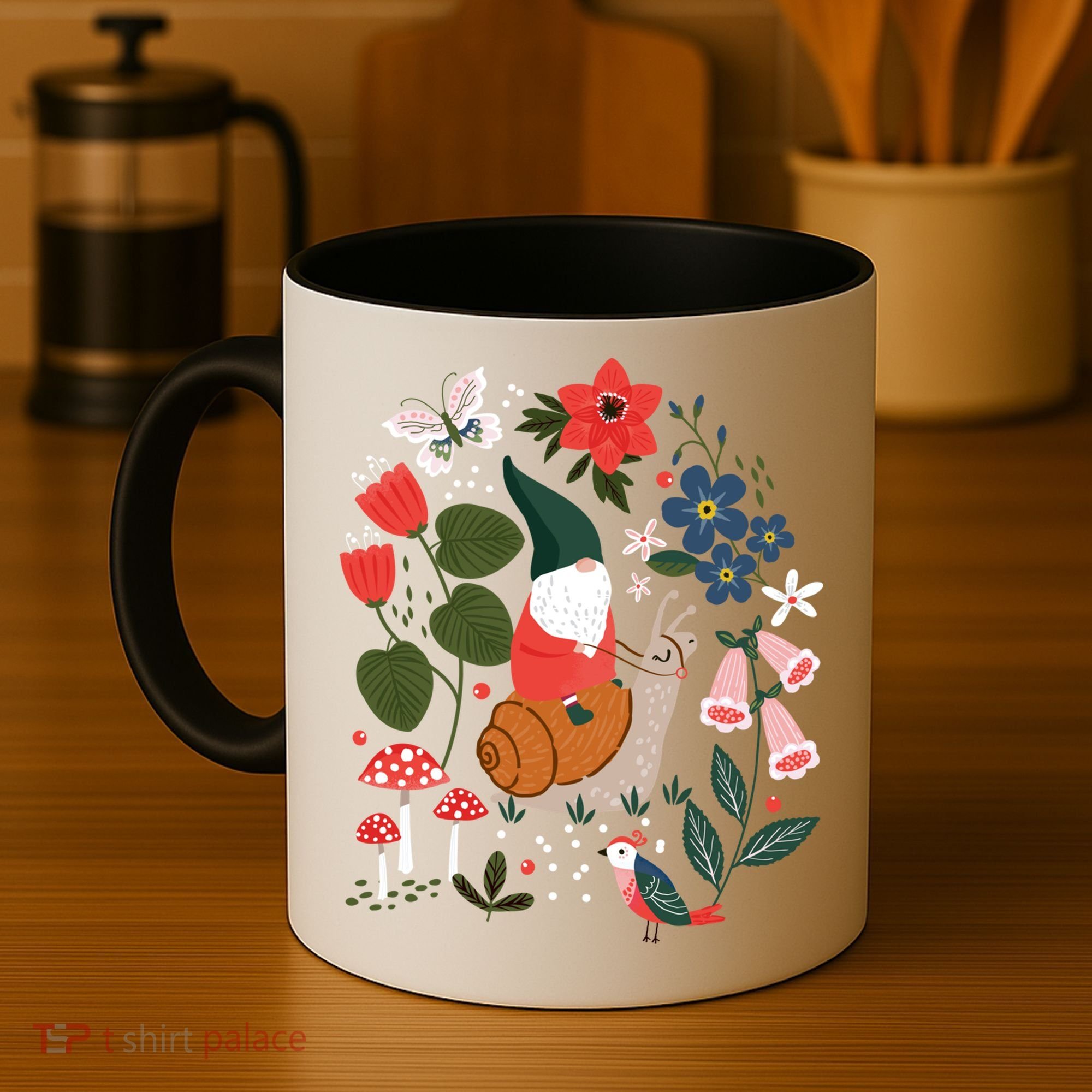 Whimsical Garden Gnome Riding Snail Coffee Mug