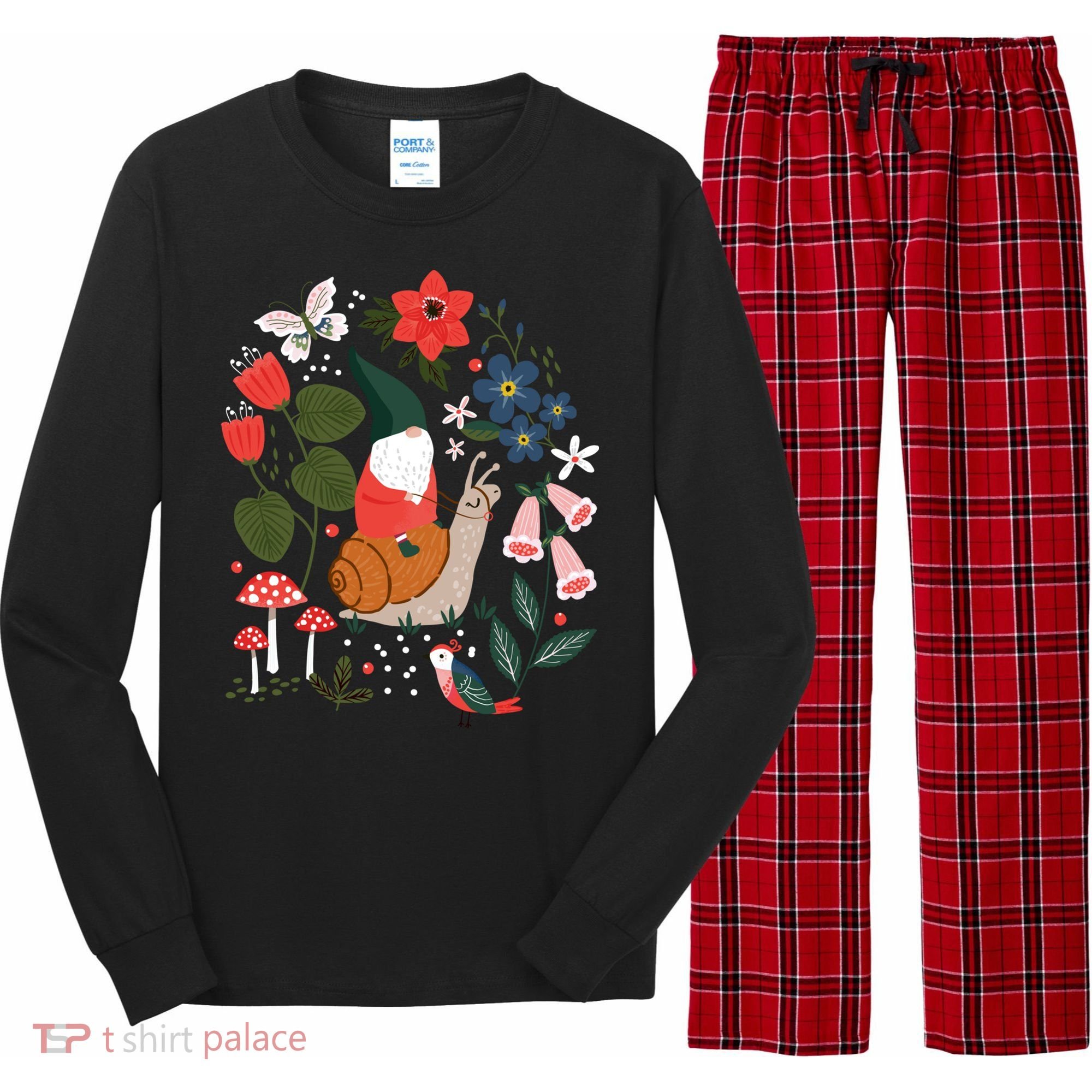 Whimsical Garden Gnome Riding Snail Long Sleeve Pajama Set
