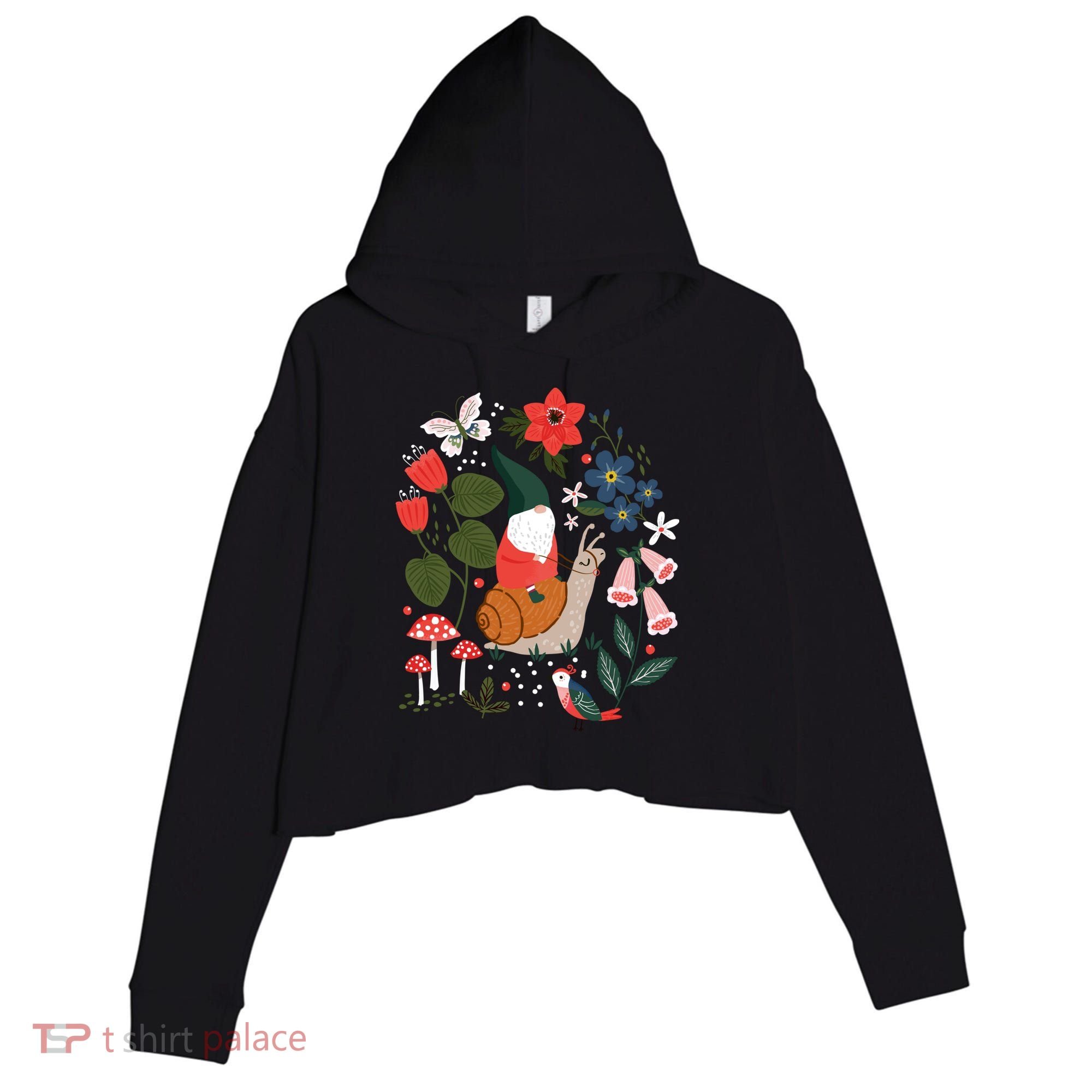Whimsical Garden Gnome Riding Snail Crop Fleece Hoodie