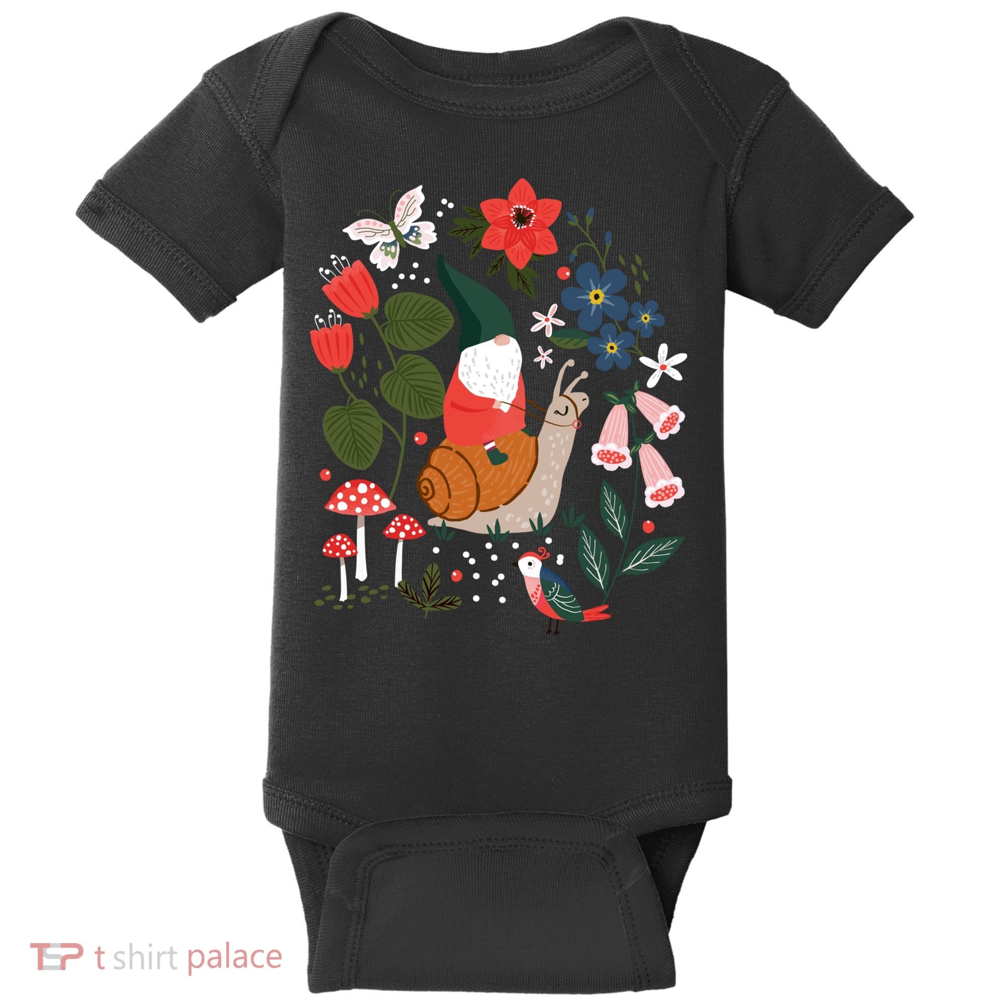 Whimsical Garden Gnome Riding Snail Baby Bodysuit