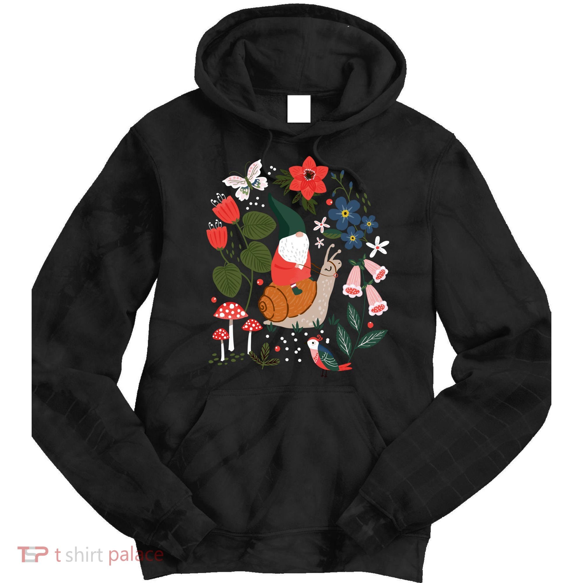 Whimsical Garden Gnome Riding Snail Tie Dye Hoodie