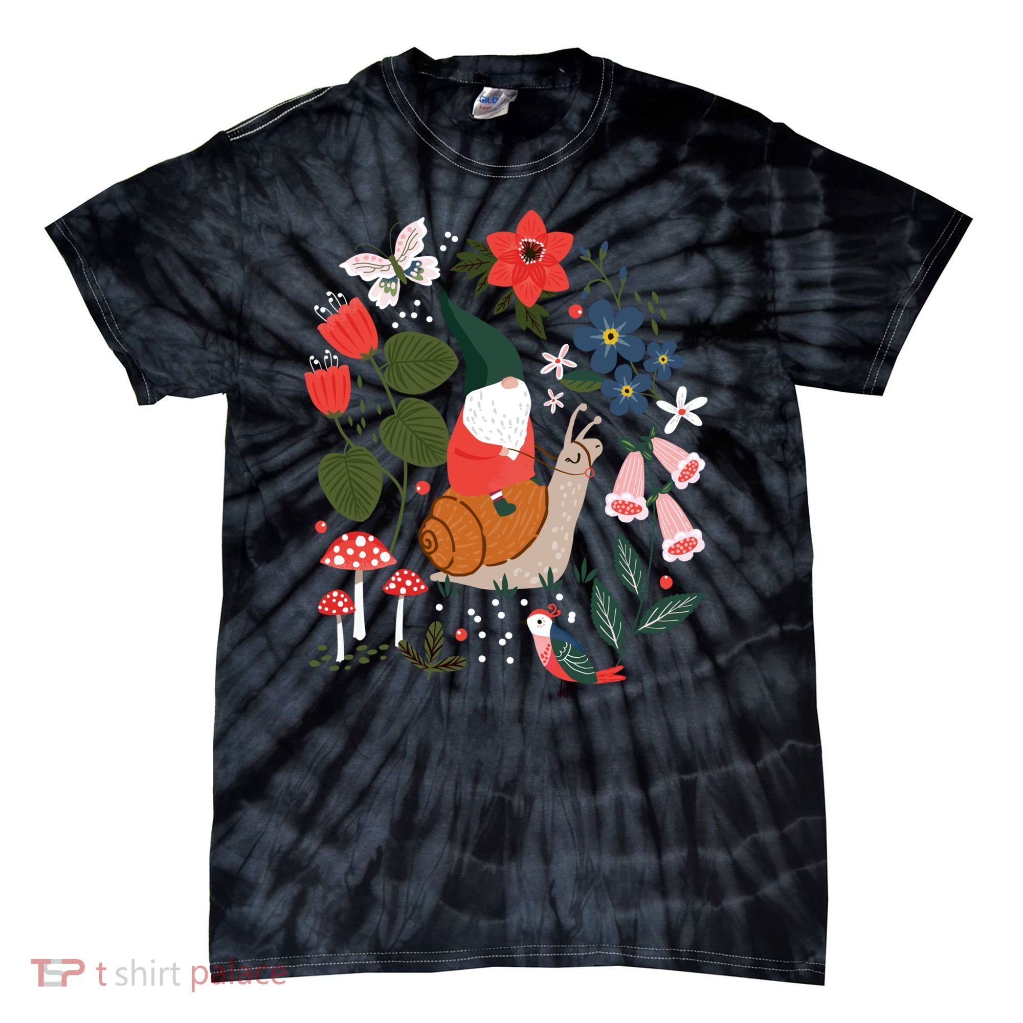 Whimsical Garden Gnome Riding Snail Tie-Dye T-Shirt