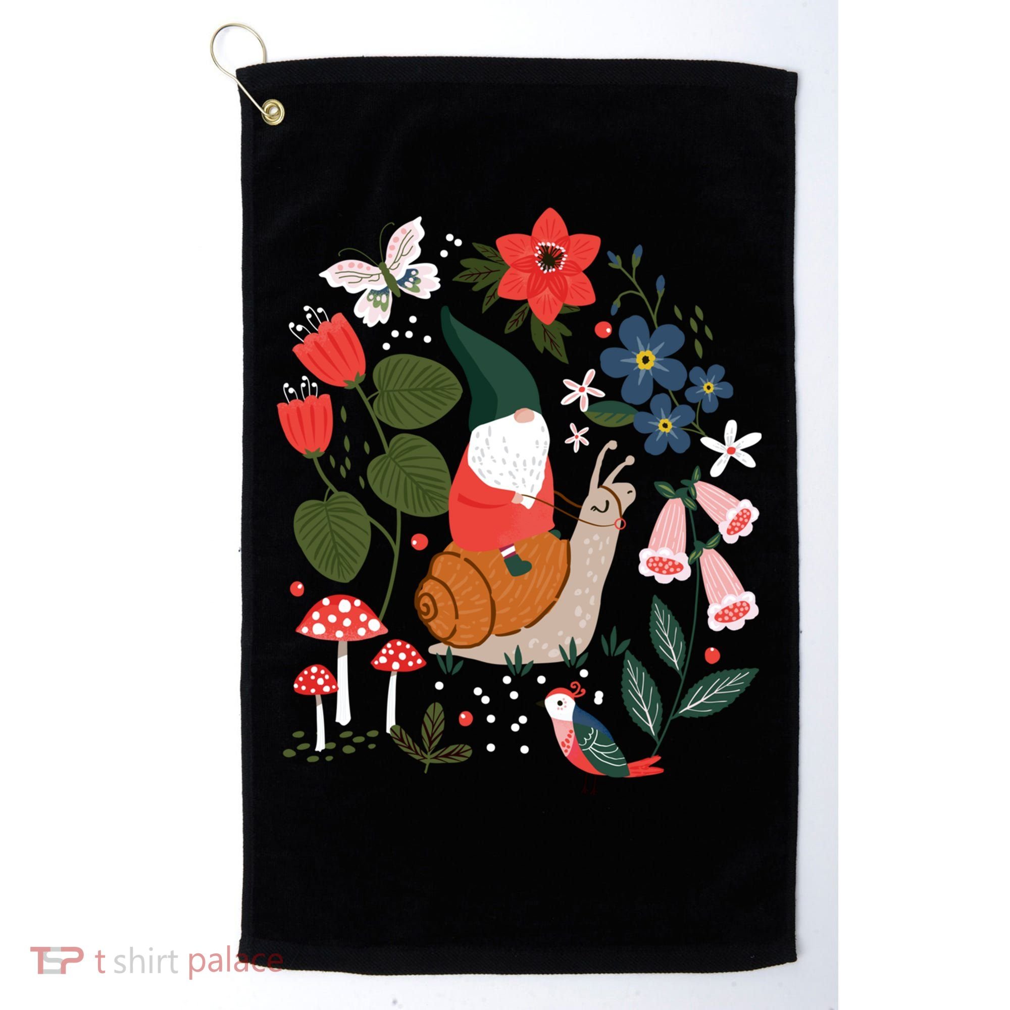 Whimsical Garden Gnome Riding Snail Golf Towel