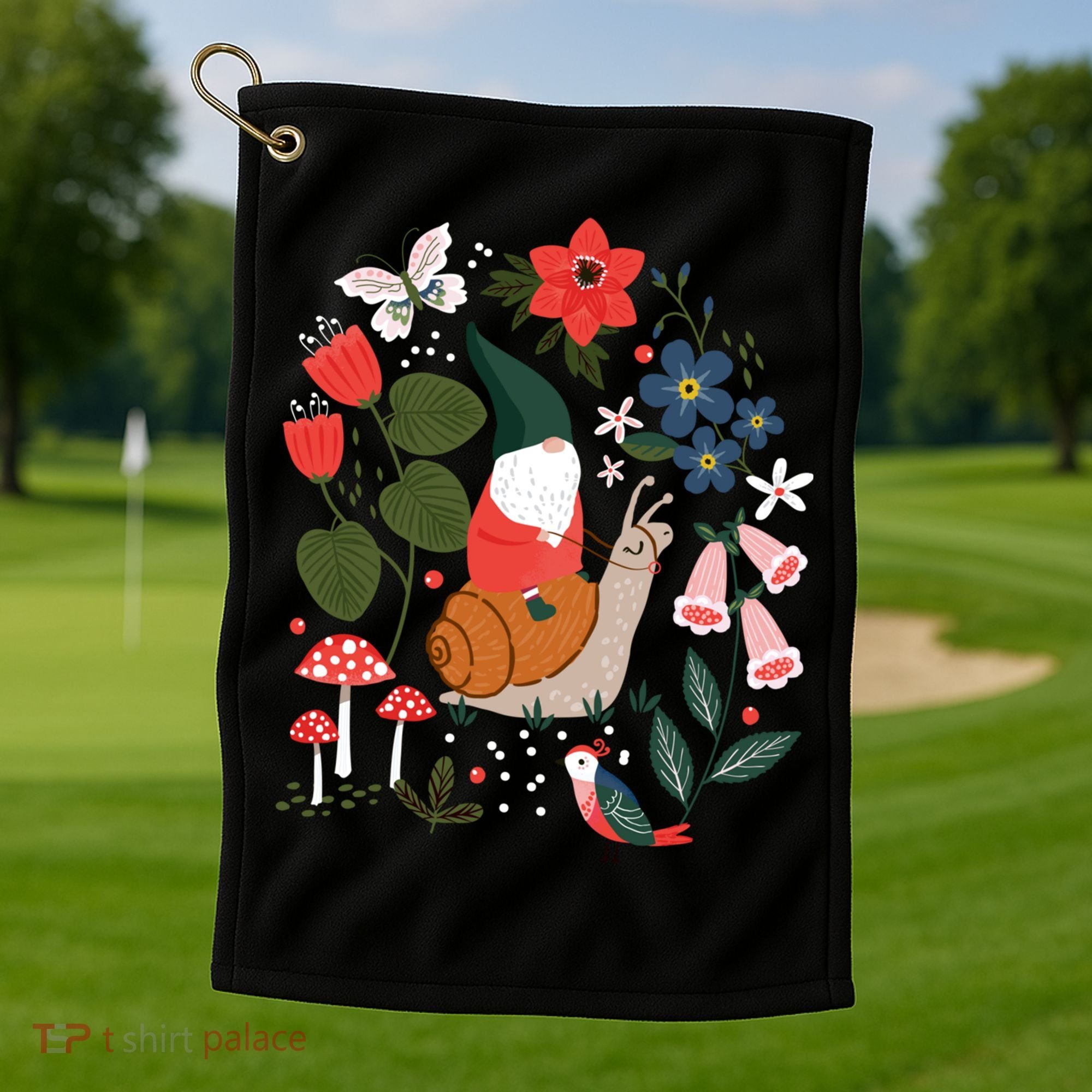 Whimsical Garden Gnome Riding Snail Golf Towel