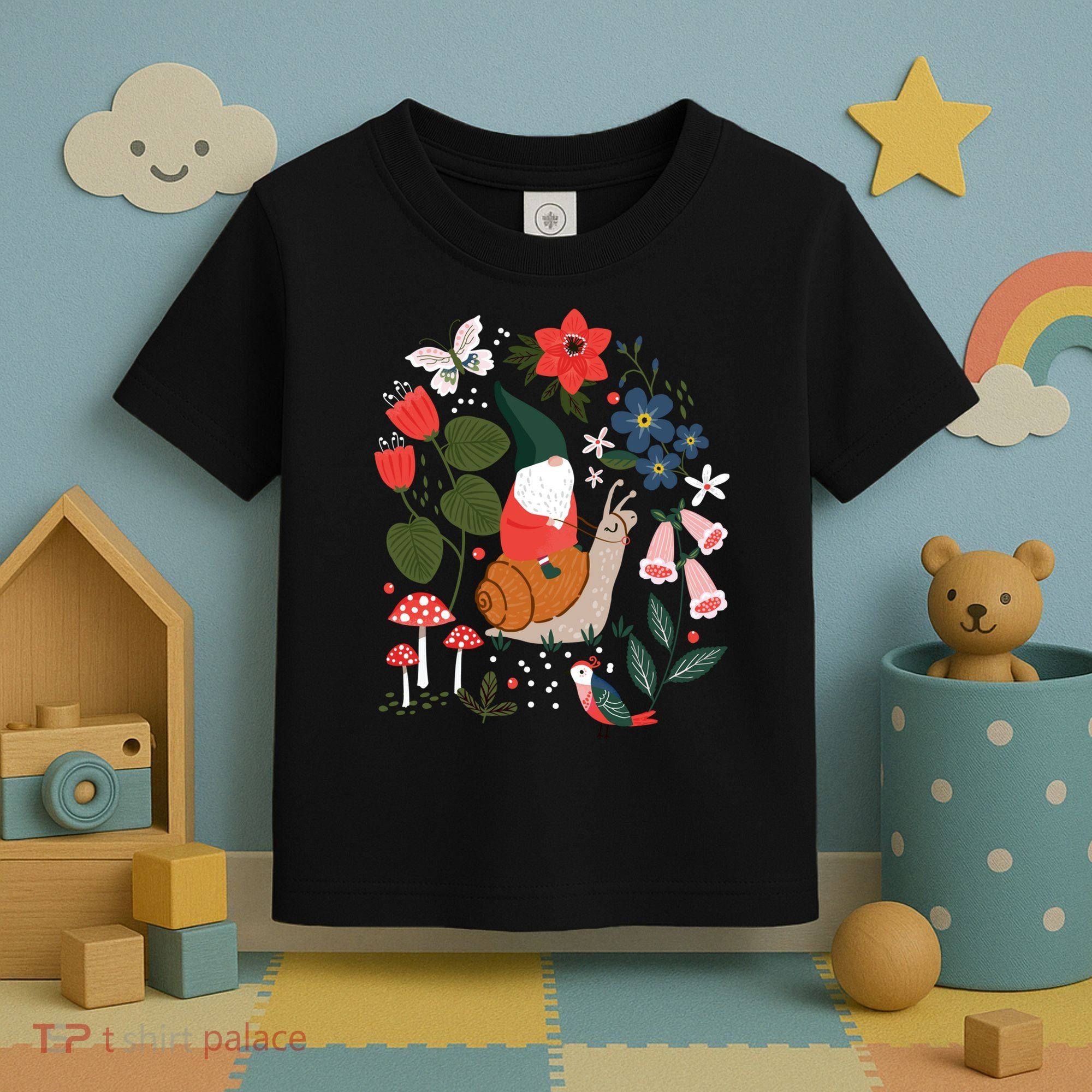 Whimsical Garden Gnome Riding Snail Toddler T-Shirt