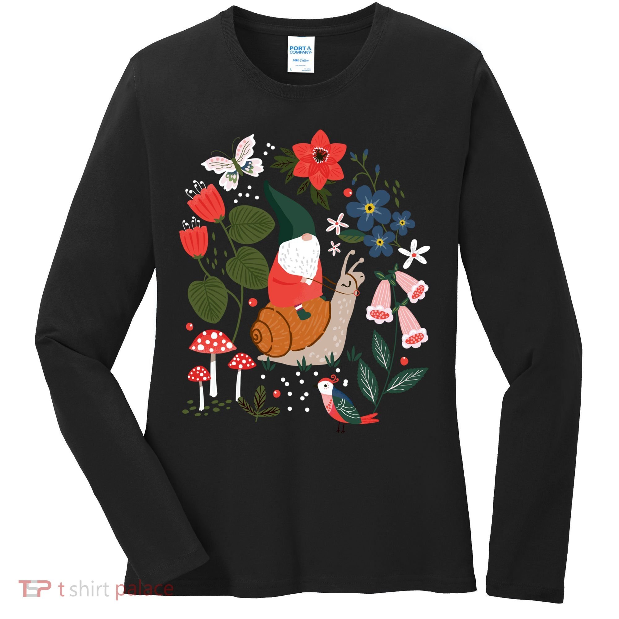Whimsical Garden Gnome Riding Snail Women's Long Sleeve Shirt