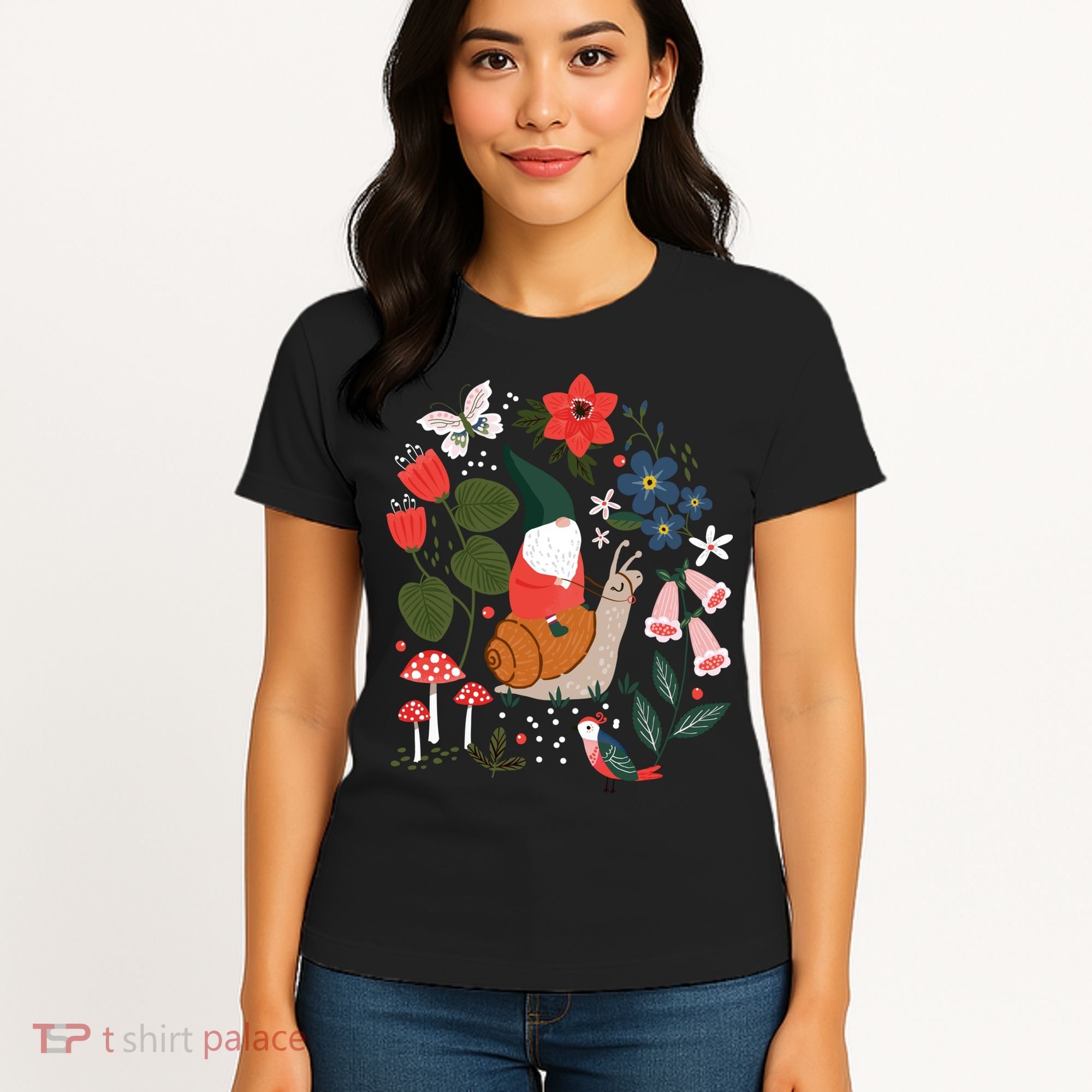 Whimsical Garden Gnome Riding Snail Women's T-Shirt