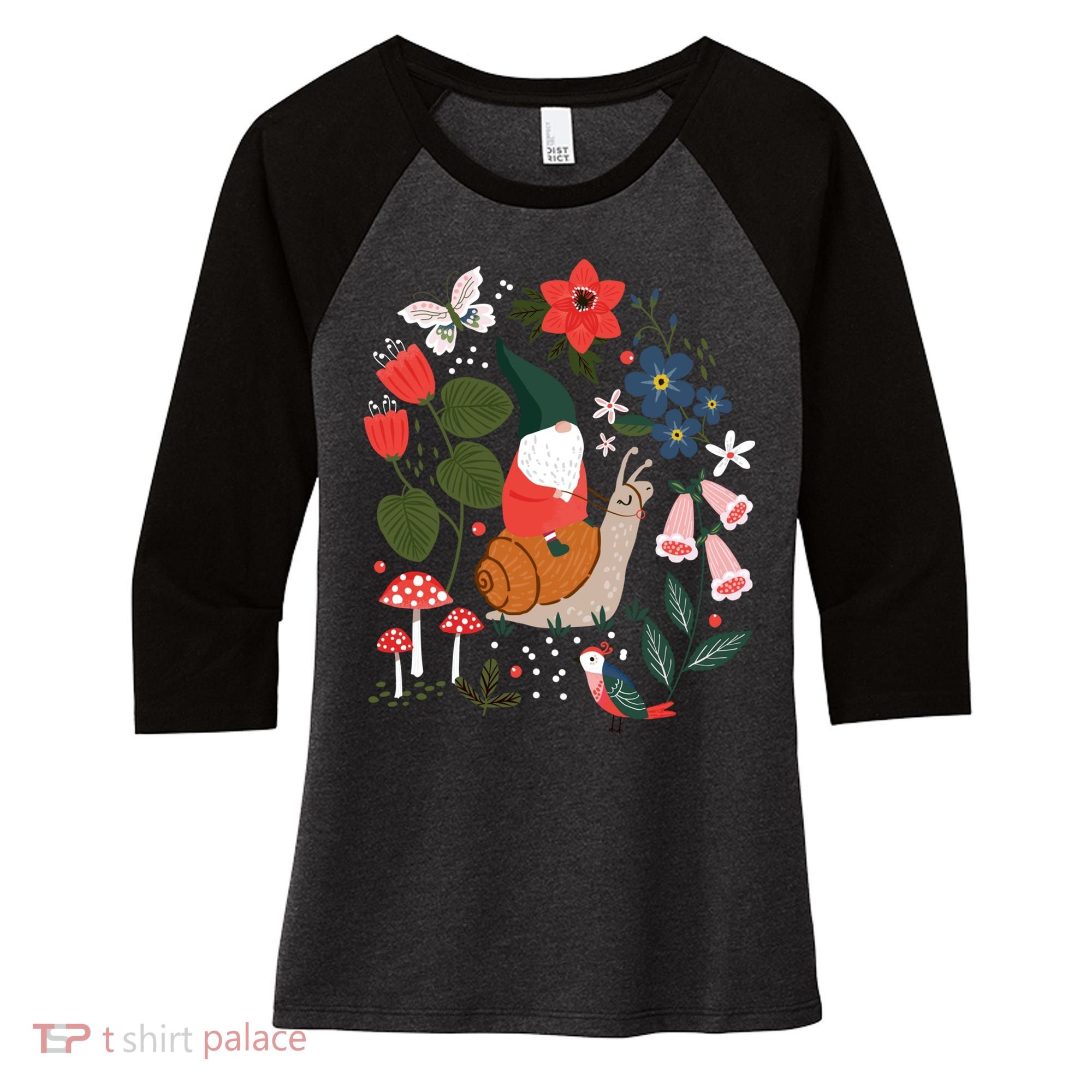 Whimsical Garden Gnome Riding Snail Women's Tri-Blend 3/4-Sleeve Raglan Shirt