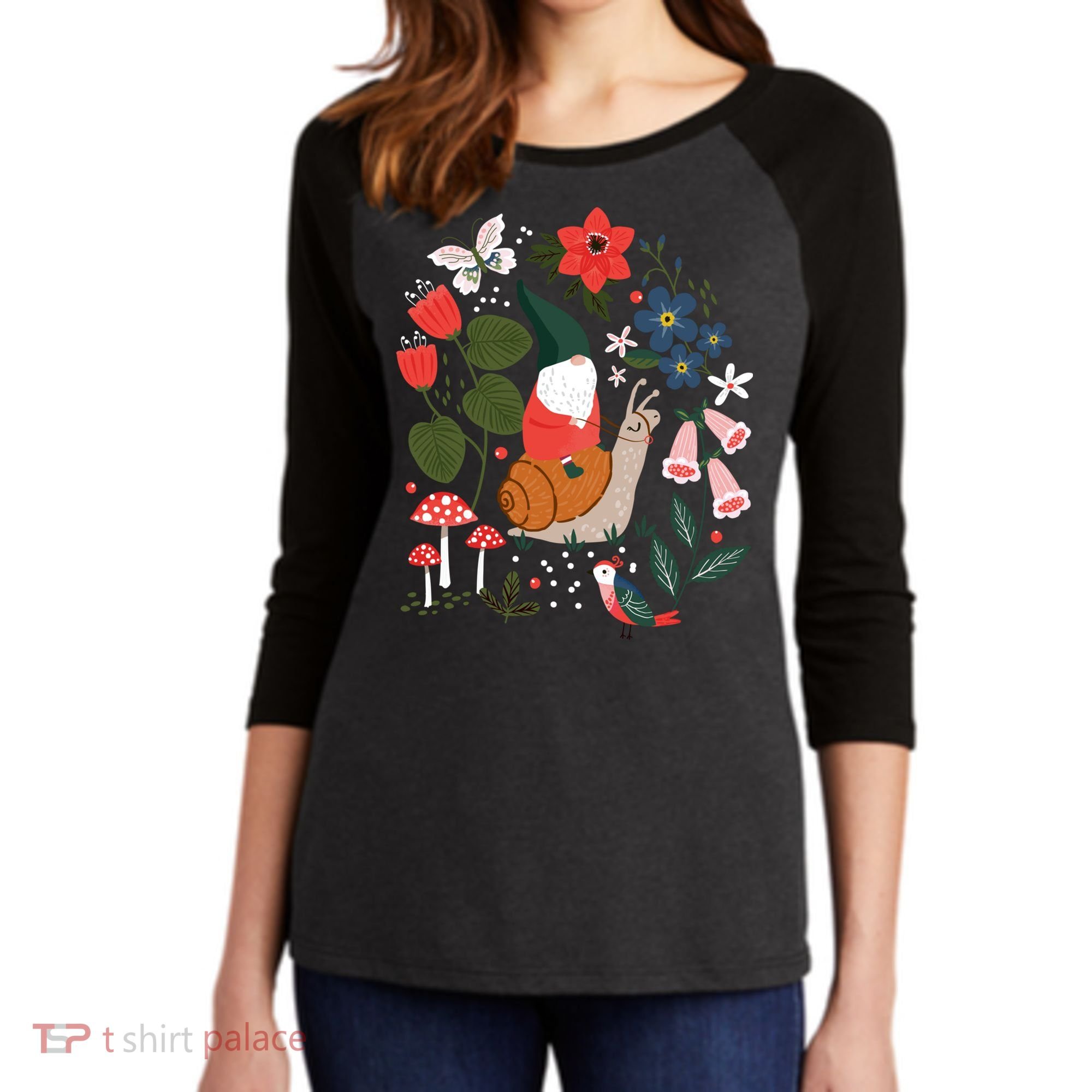 Whimsical Garden Gnome Riding Snail Women's Tri-Blend 3/4-Sleeve Raglan Shirt