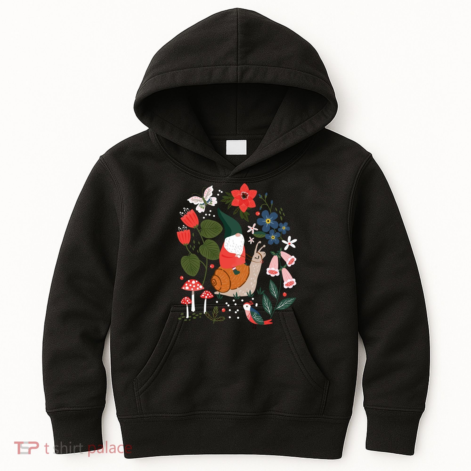 Whimsical Garden Gnome Riding Snail Kids Hoodie