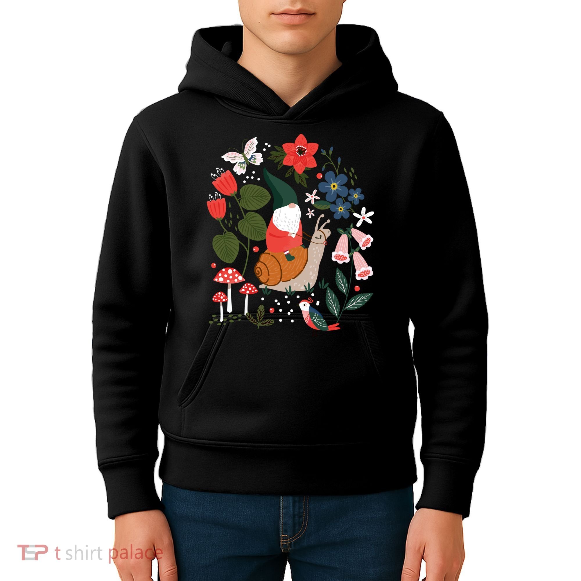Whimsical Garden Gnome Riding Snail Kids Hoodie