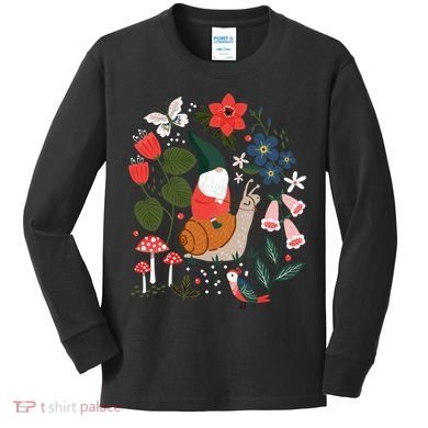 Whimsical Garden Gnome Riding Snail Kids Long Sleeve Shirt