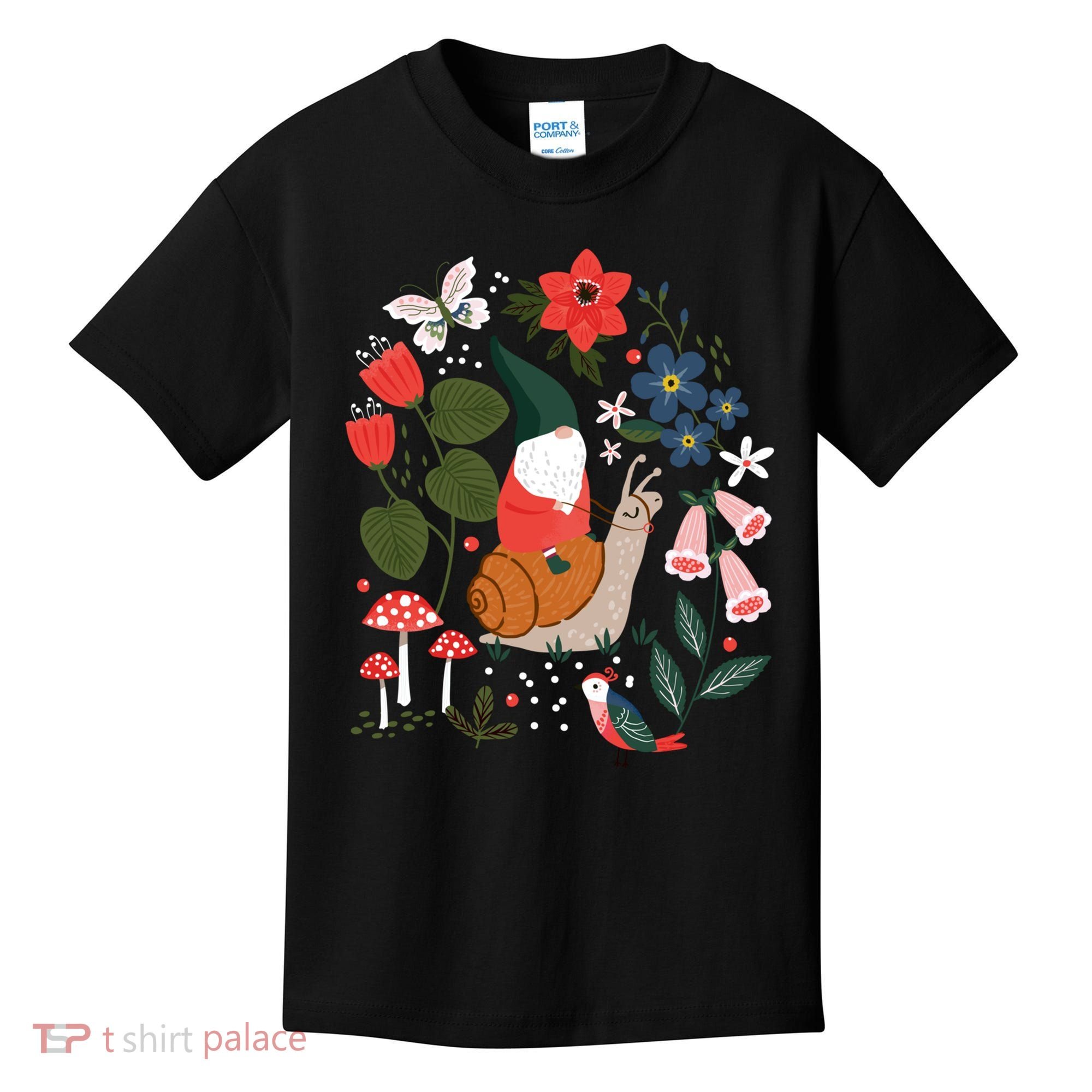 Whimsical Garden Gnome Riding Snail Kids T-Shirt