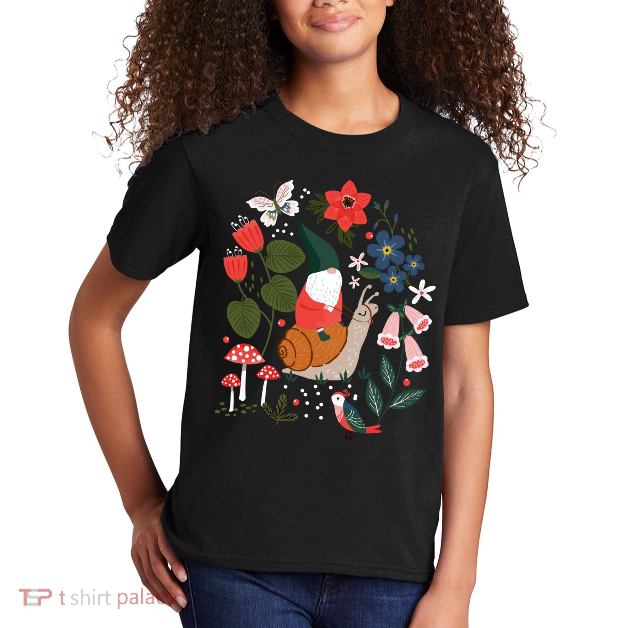 Whimsical Garden Gnome Riding Snail Kids T-Shirt