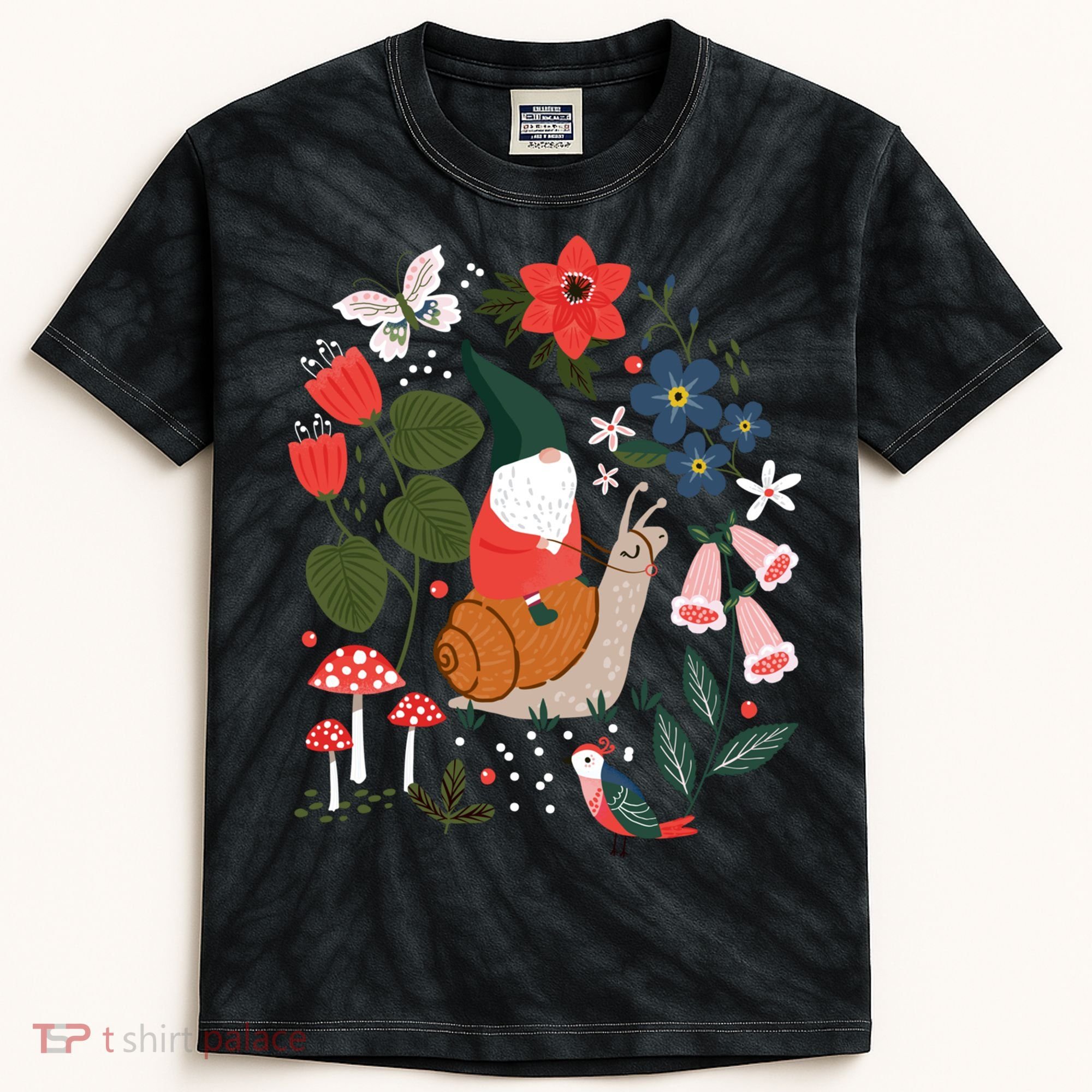 Whimsical Garden Gnome Riding Snail Kids Tie-Dye T-Shirt