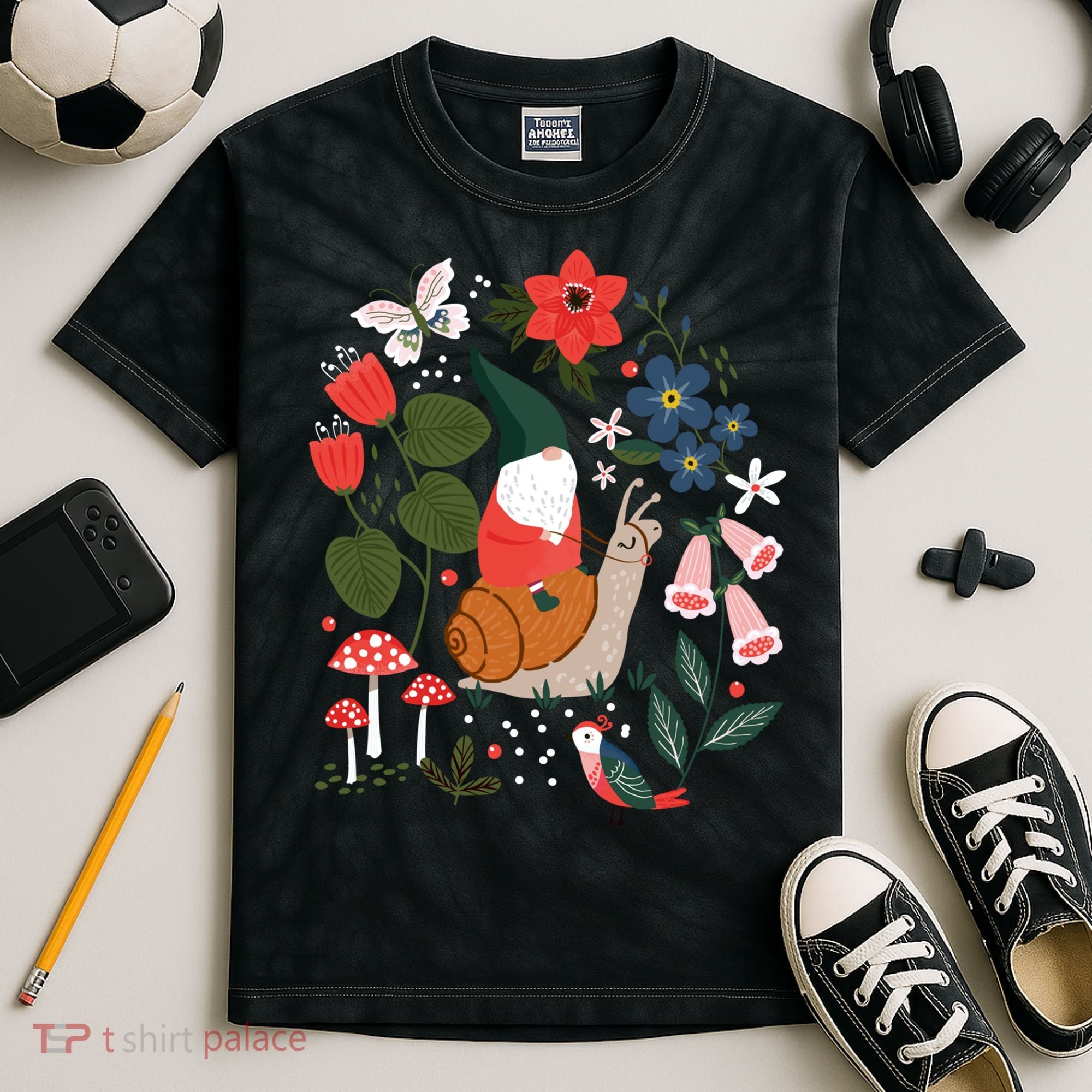 Whimsical Garden Gnome Riding Snail Kids Tie-Dye T-Shirt