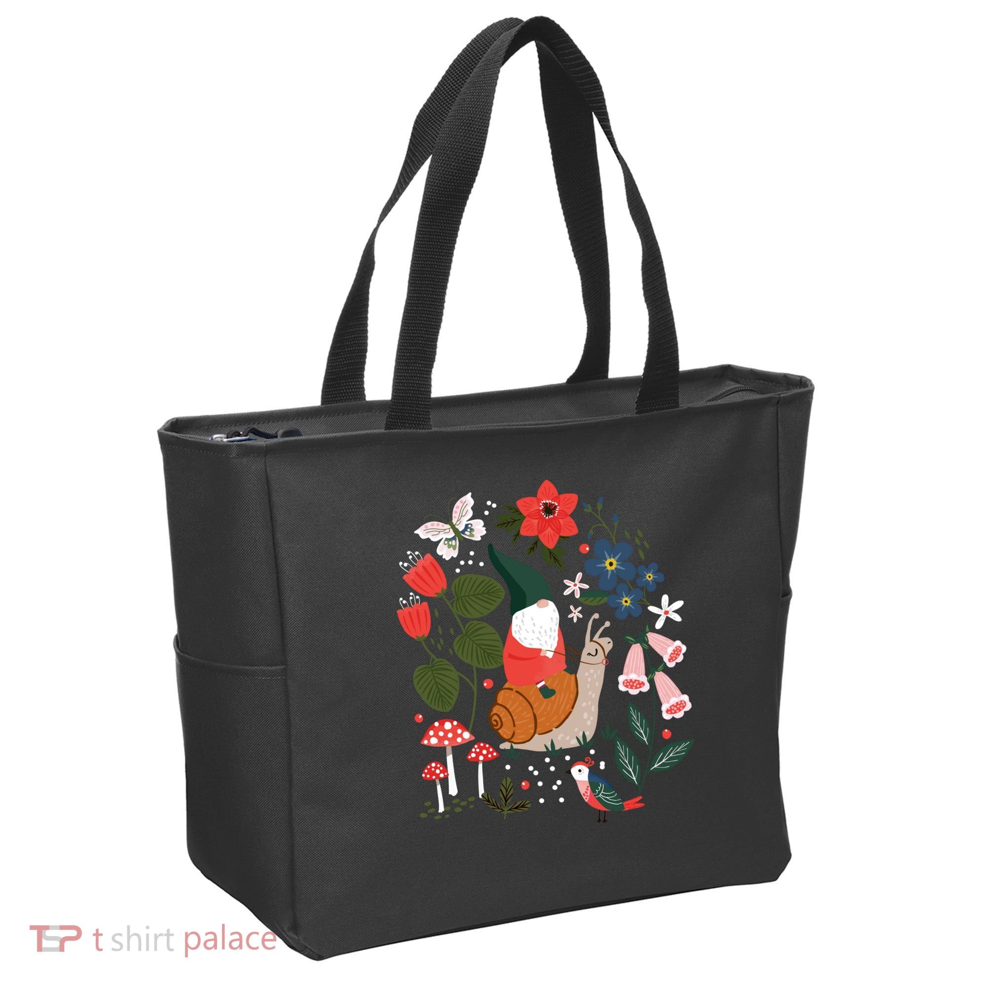 Whimsical Garden Gnome Riding Snail Tote Bag