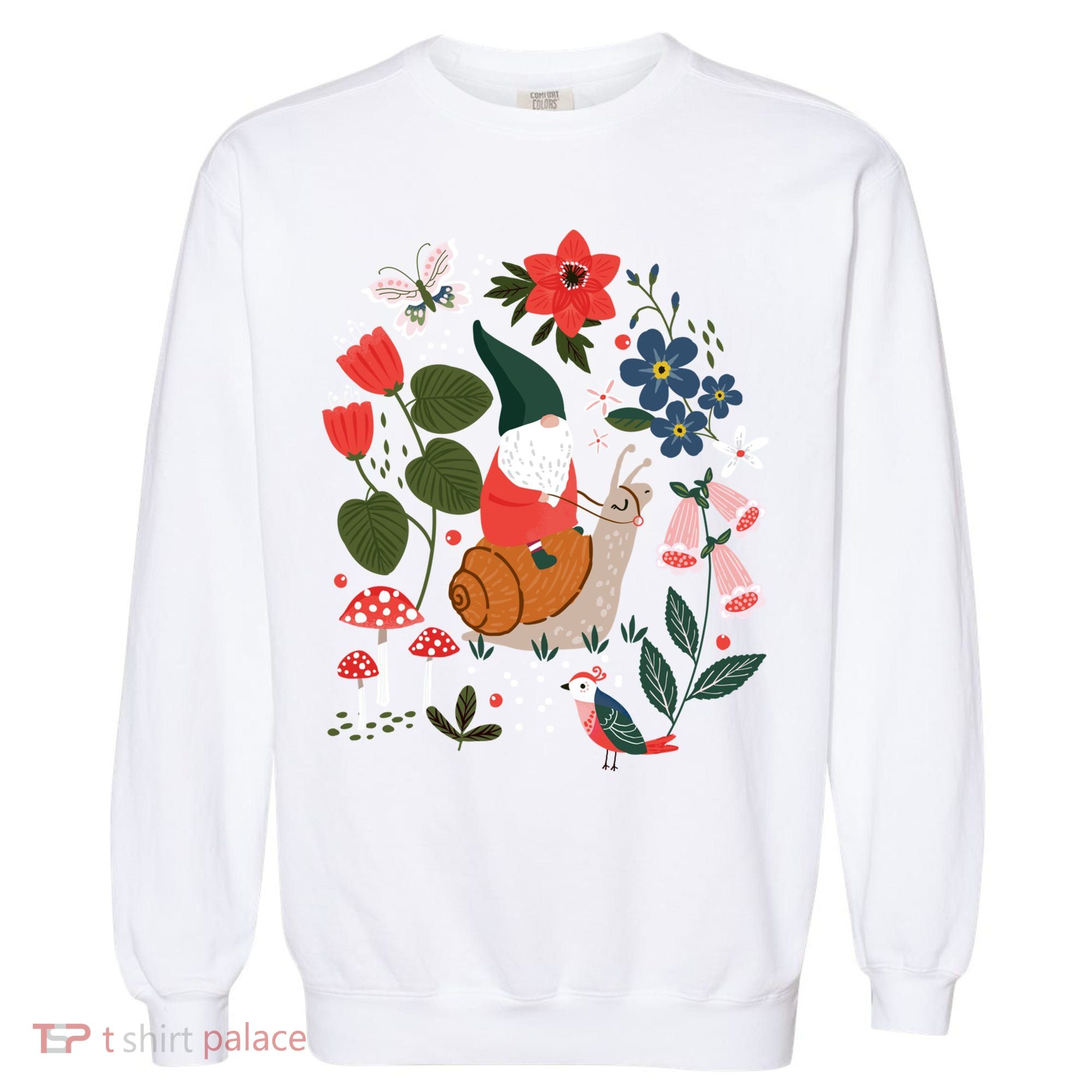 Whimsical Garden Gnome Riding Snail Garment-Dyed Sweatshirt