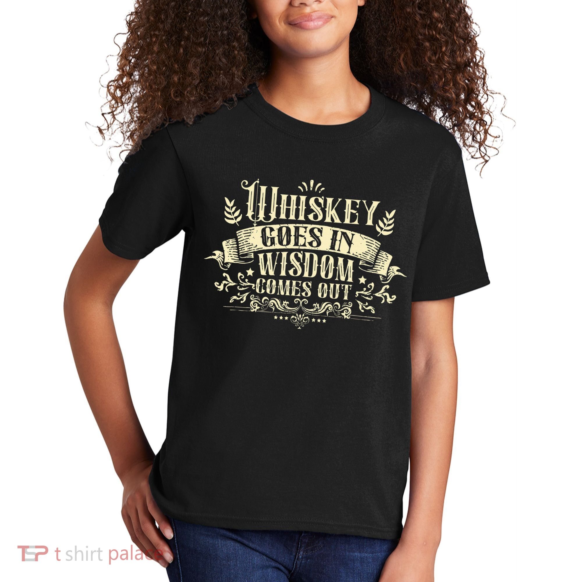 Whiskey Goes In Wisdom Comes Out Drinker Drinking Whisky Kids T-Shirt
