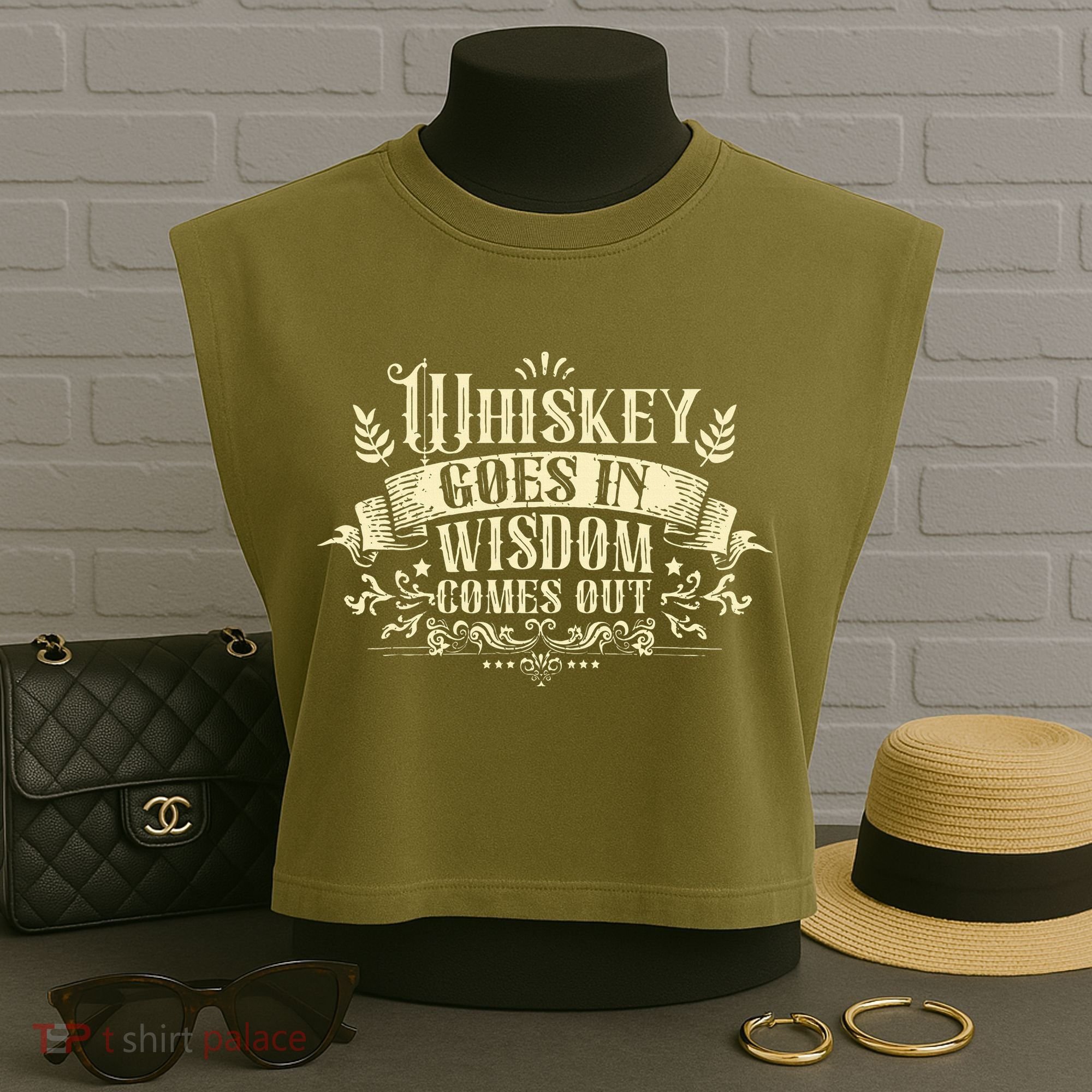 Whiskey Goes In Wisdom Comes Out Drinker Drinking Whisky Garment-Dyed Women's Muscle Tee