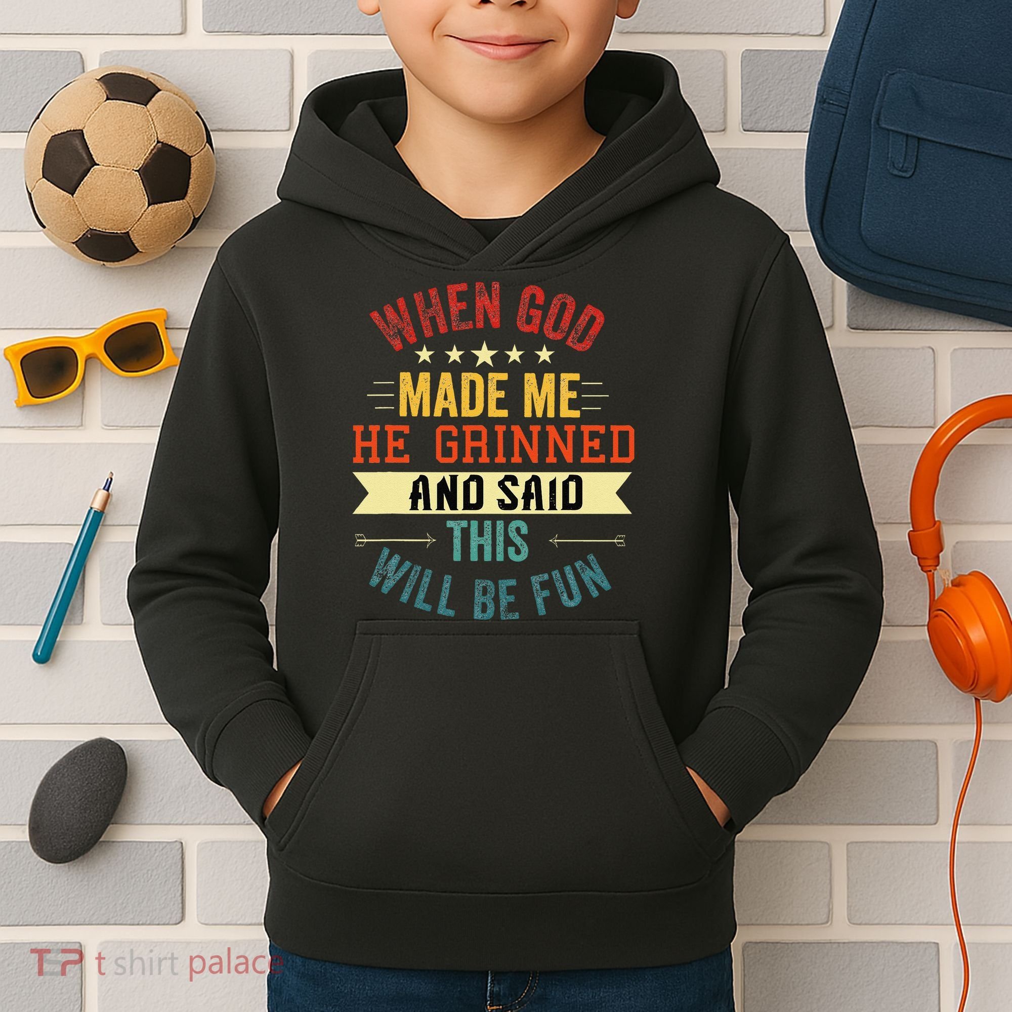 when god made me he grinned and said this will be fun Kids Hoodie